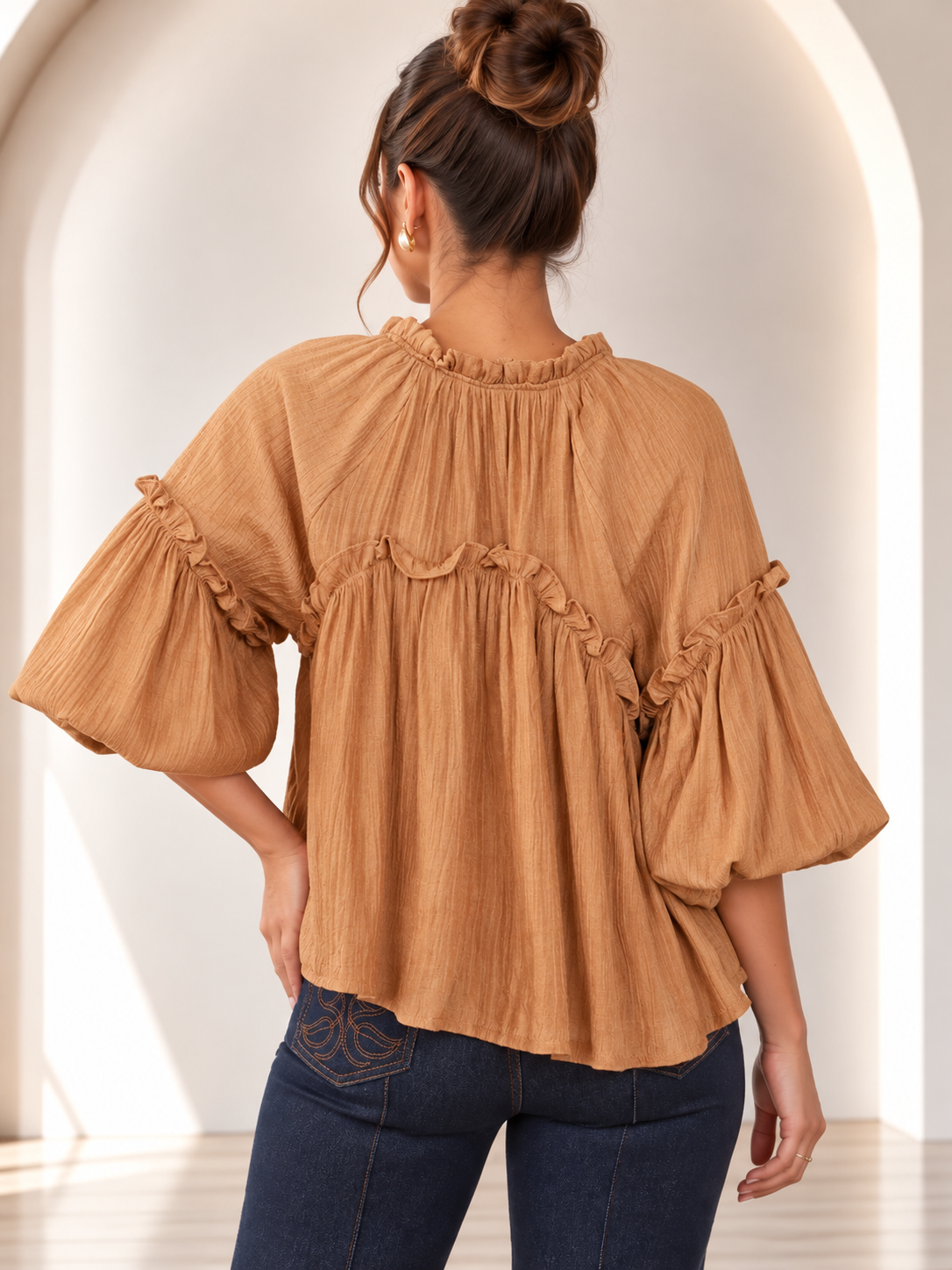 Amara Ruffle Tie Camel Blouse