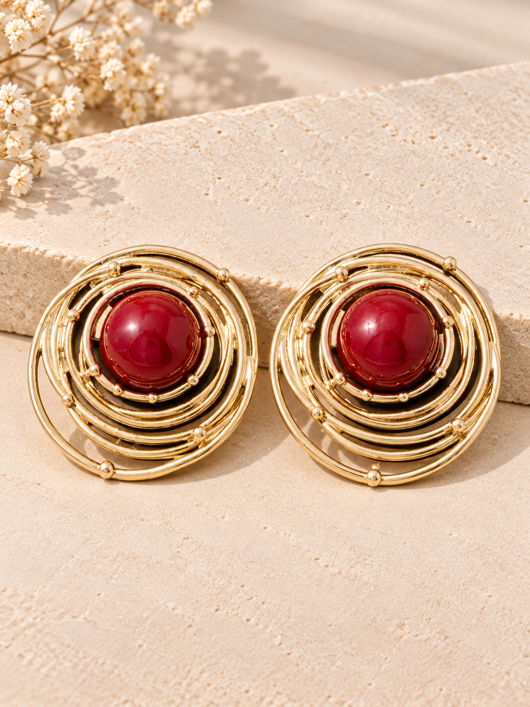 Orbital Wire Swirl Dome Cabochon Burgundy Earrings