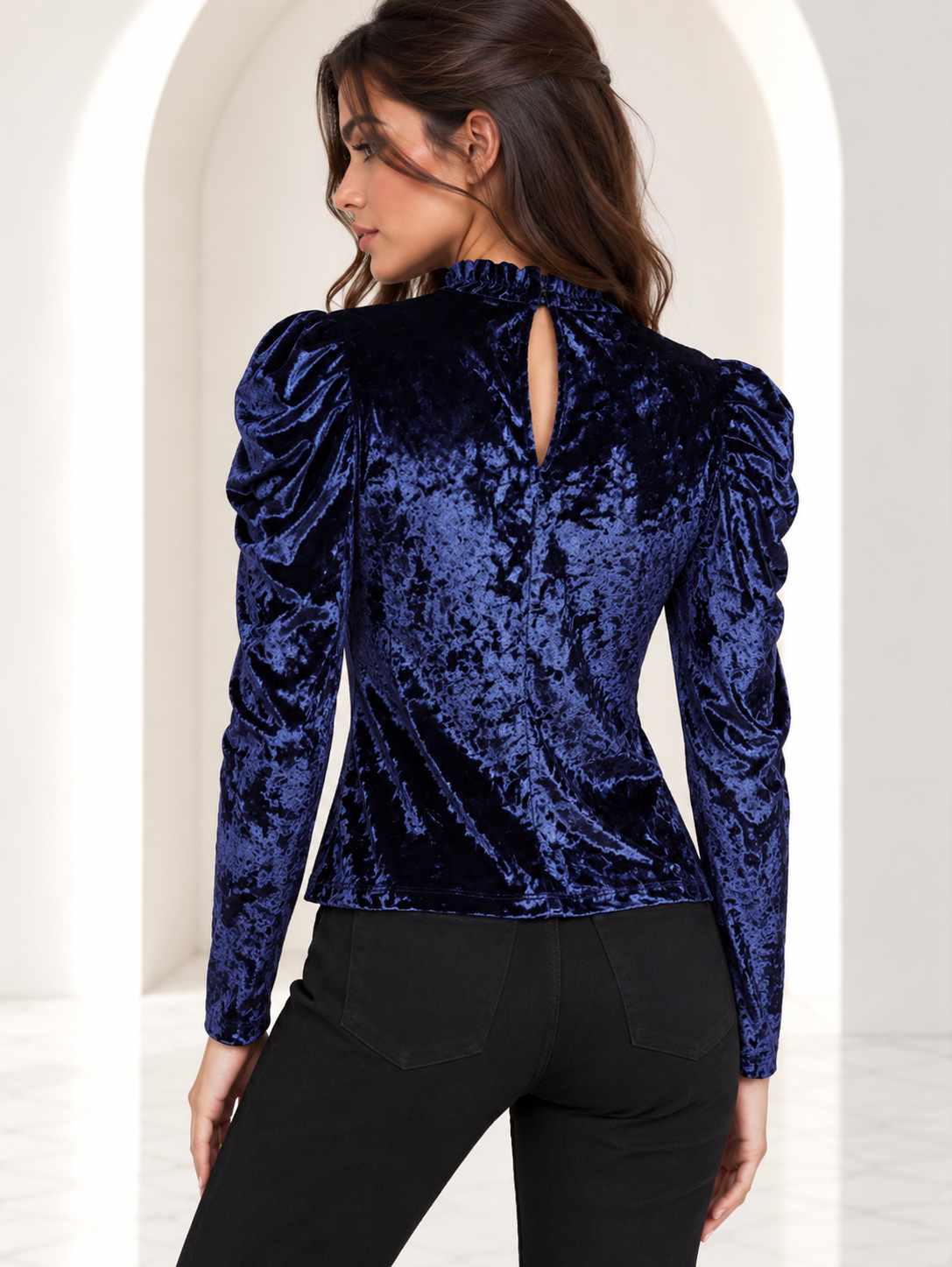 Cindy Midnight Velvet Puff Sleeve Top