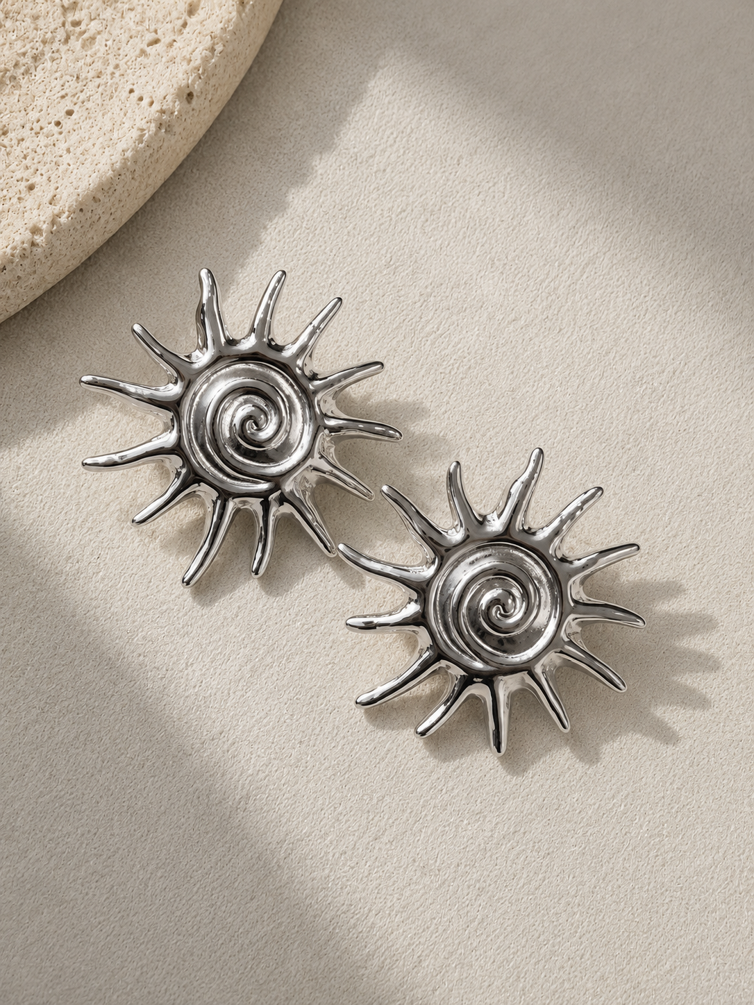 Silver Sun Spiral Statement Stud Earrings