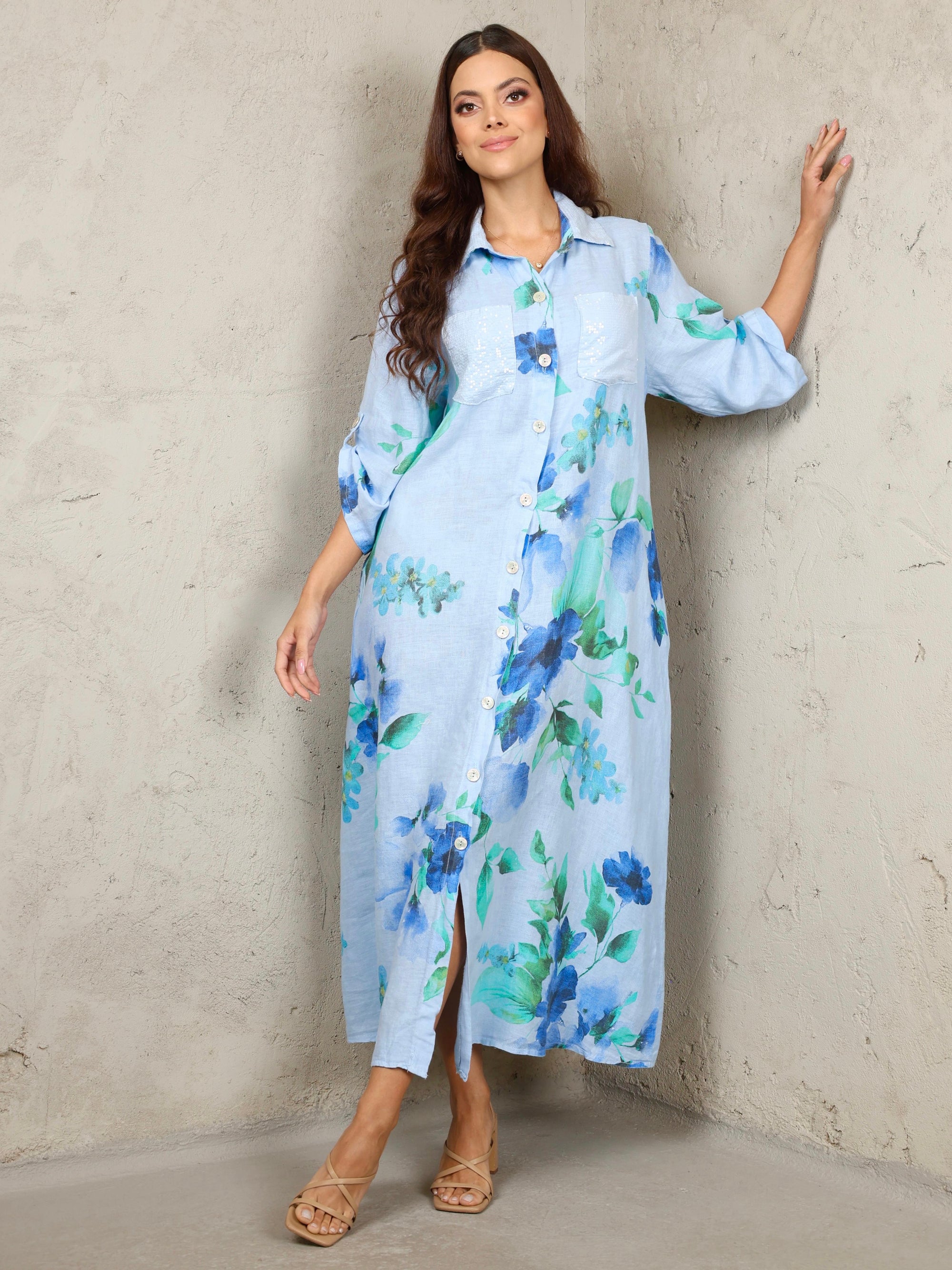 Ocean Bloom Linen Dress – Sky Blue