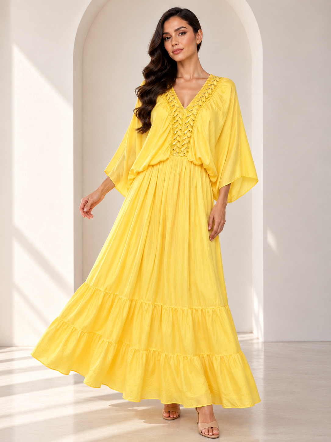 Miriam Flowy Embellished Yellow Maxi Dress