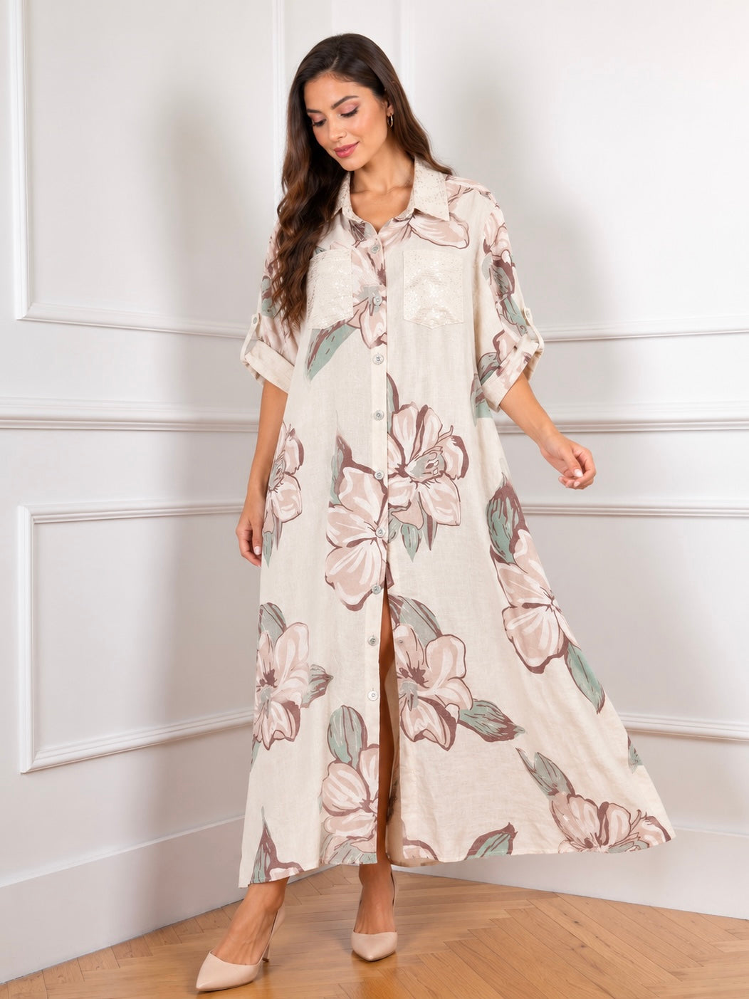 Sofia Blush Garden Italian Linen Maxi Dress