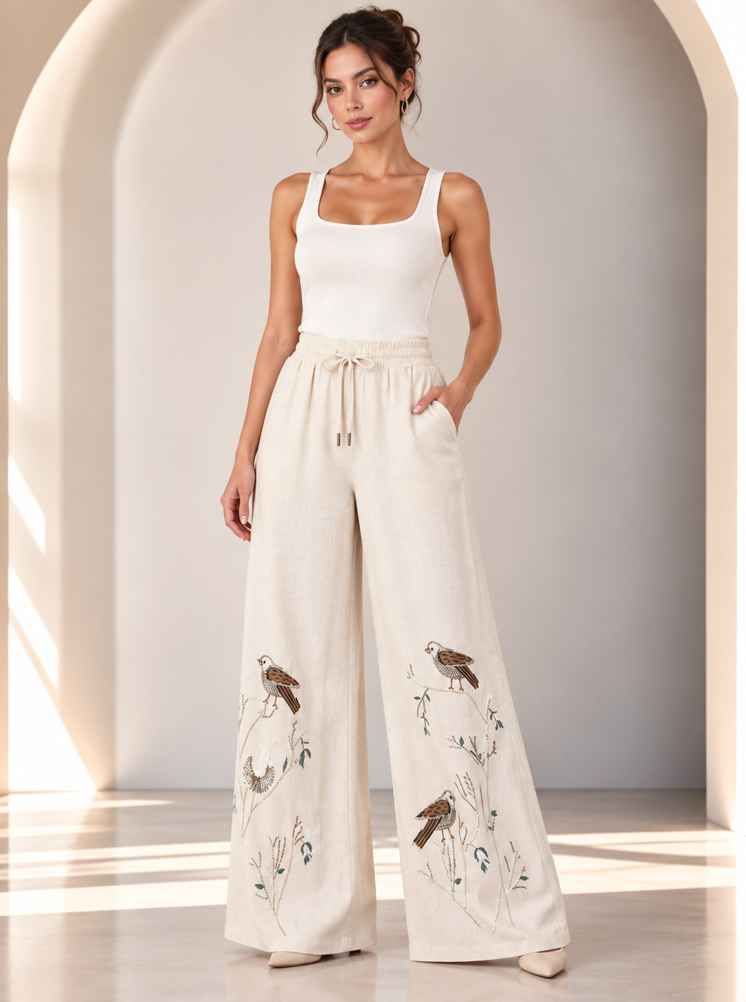 Eulalie Embroidered Birds Pants