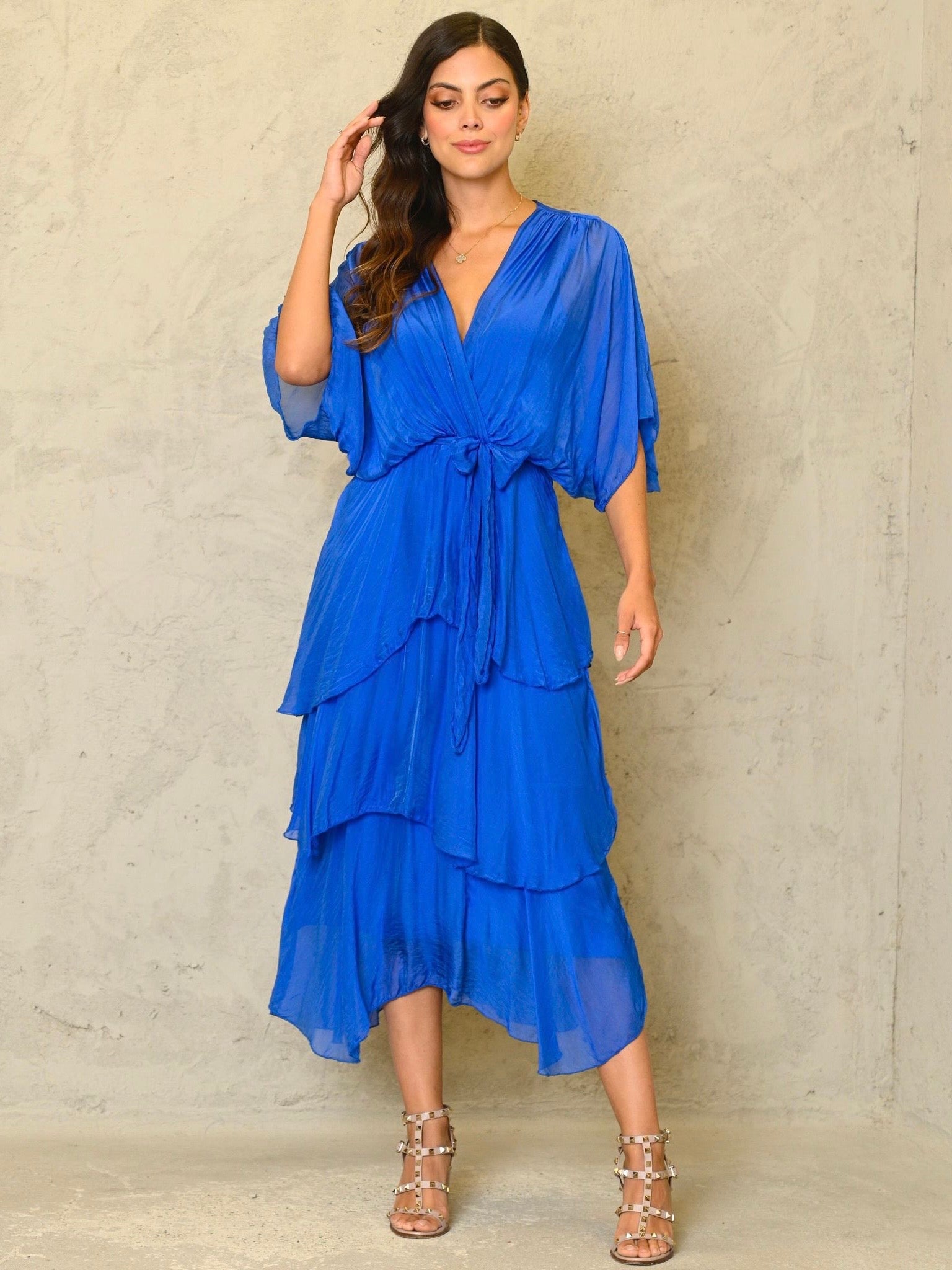 electric blue silk dress Love Affair Satin Gown with Ruched Back