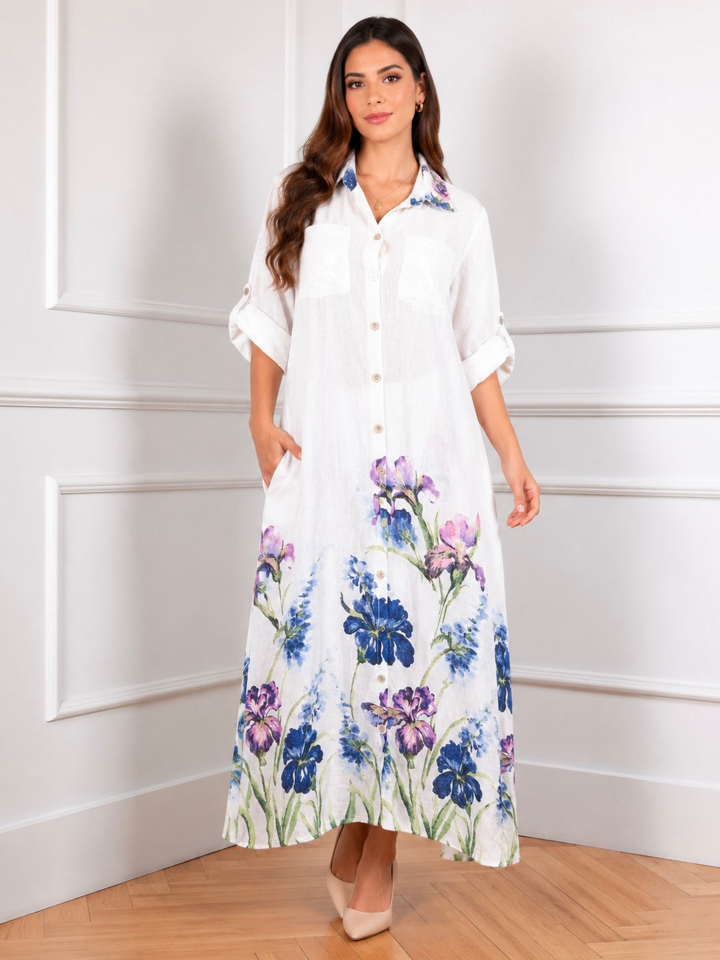 Isabella Blue Meadow Italian Linen Maxi Dress