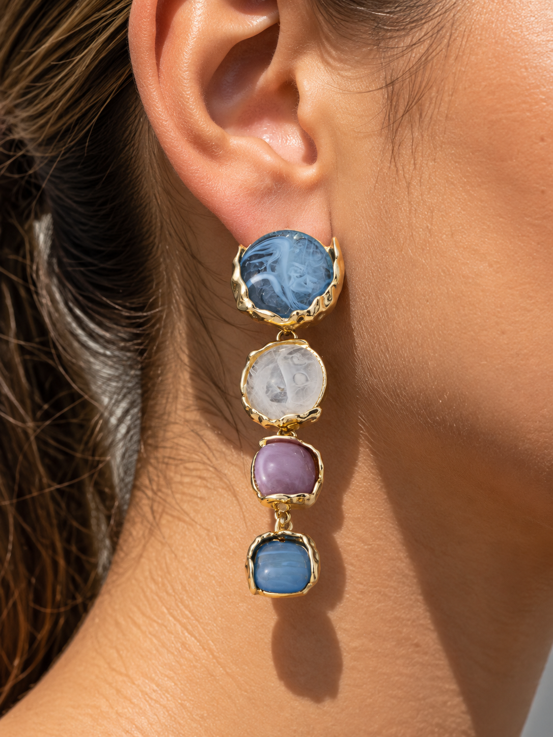 Resin Stone Four Tier Linear Drop Blue Earrings
