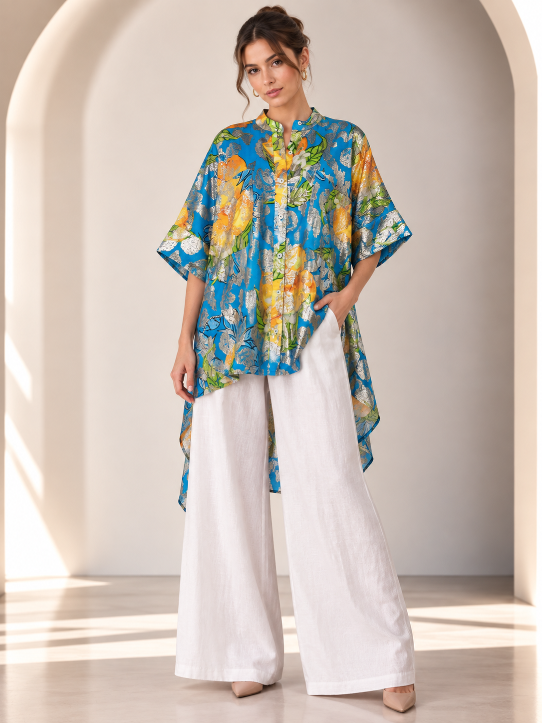 Elara Floral Jacquard Blue Tunic