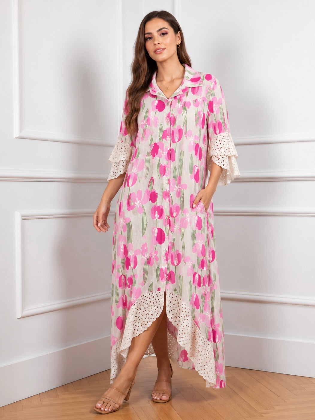 Giulia Pink Tulip Italian Linen Maxi Dress