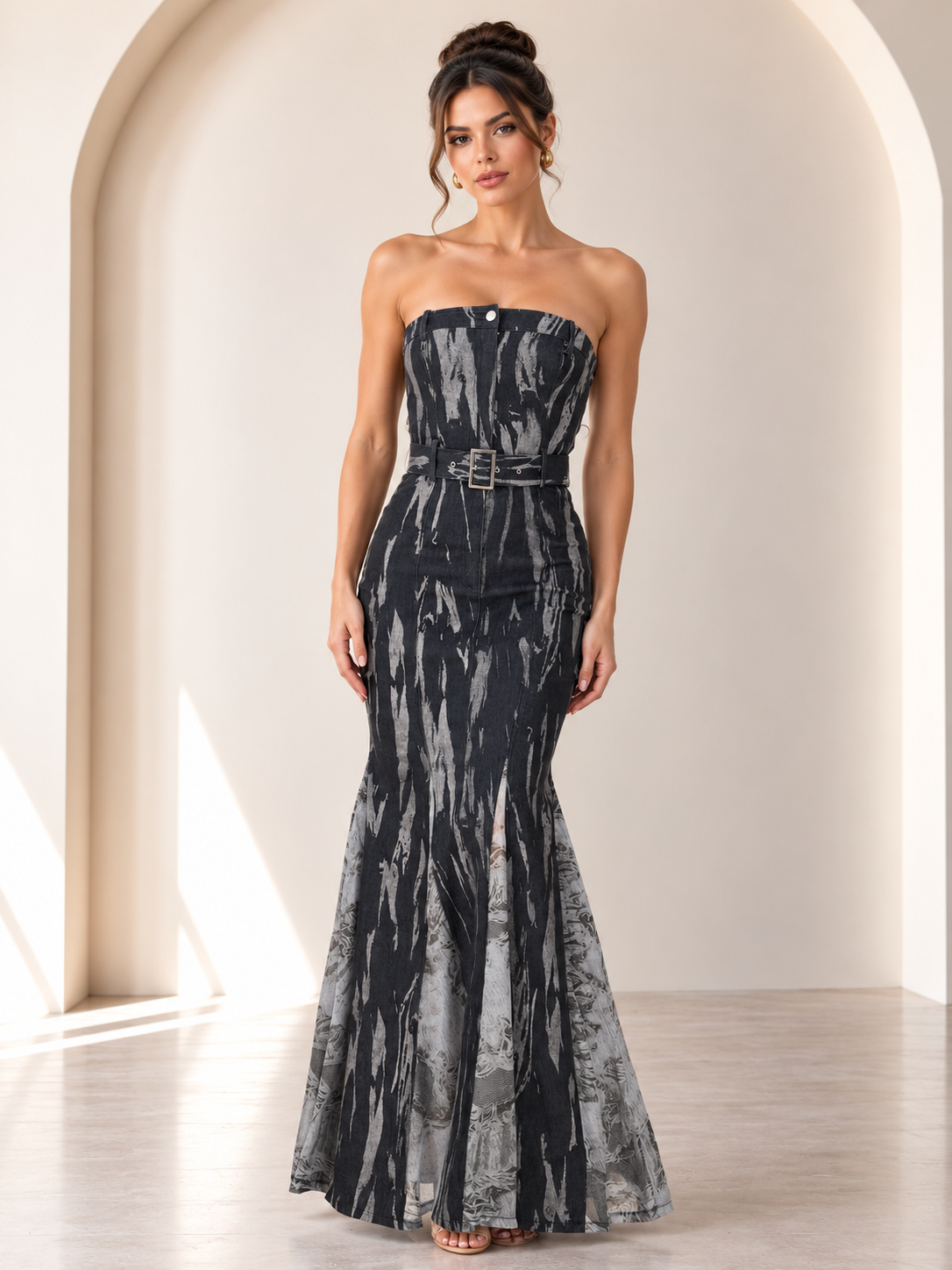 Sloane Denim &amp; Mesh Maxi Dress