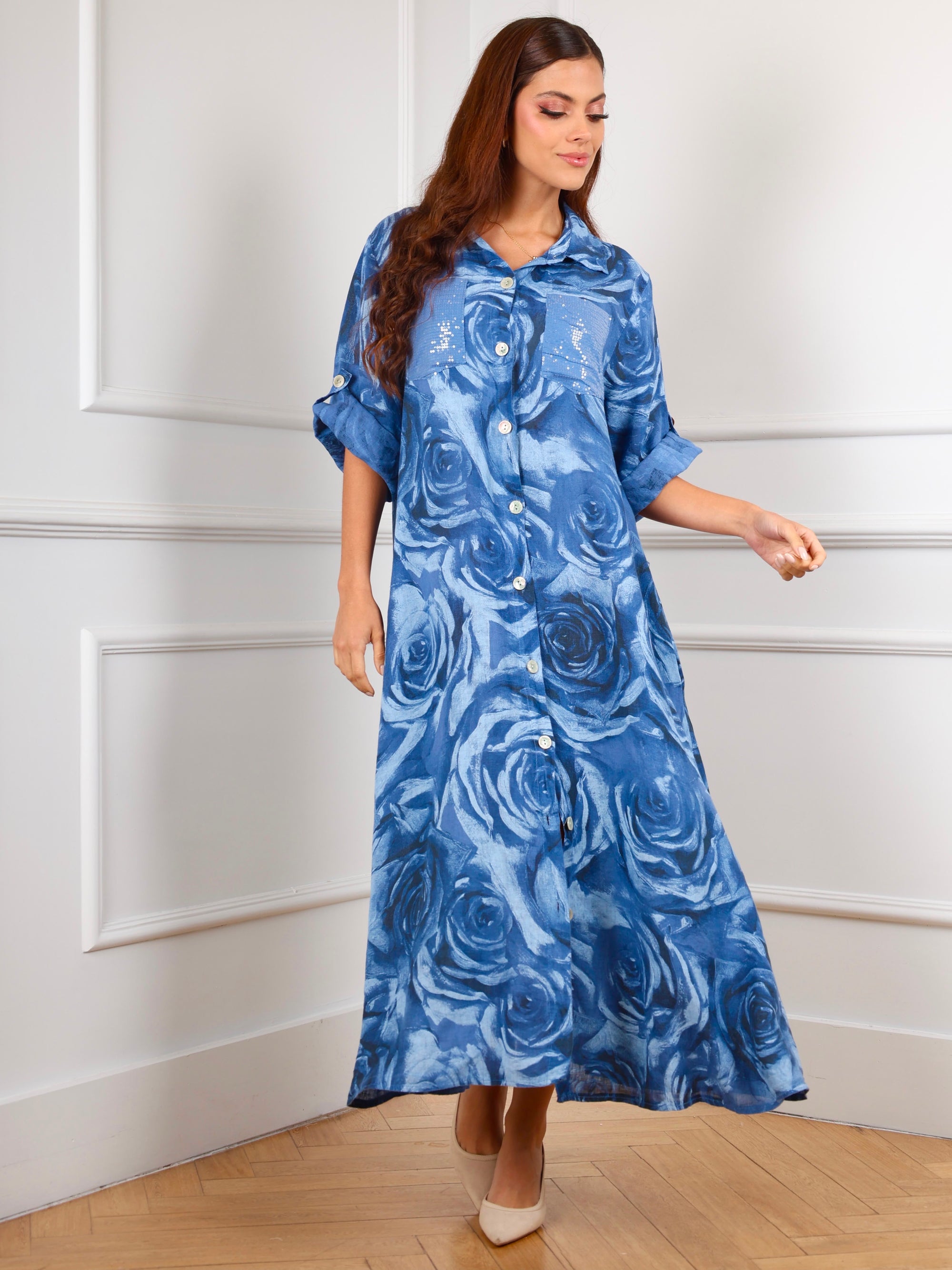 Rose Garden Linen Dress – Sapphire Blue