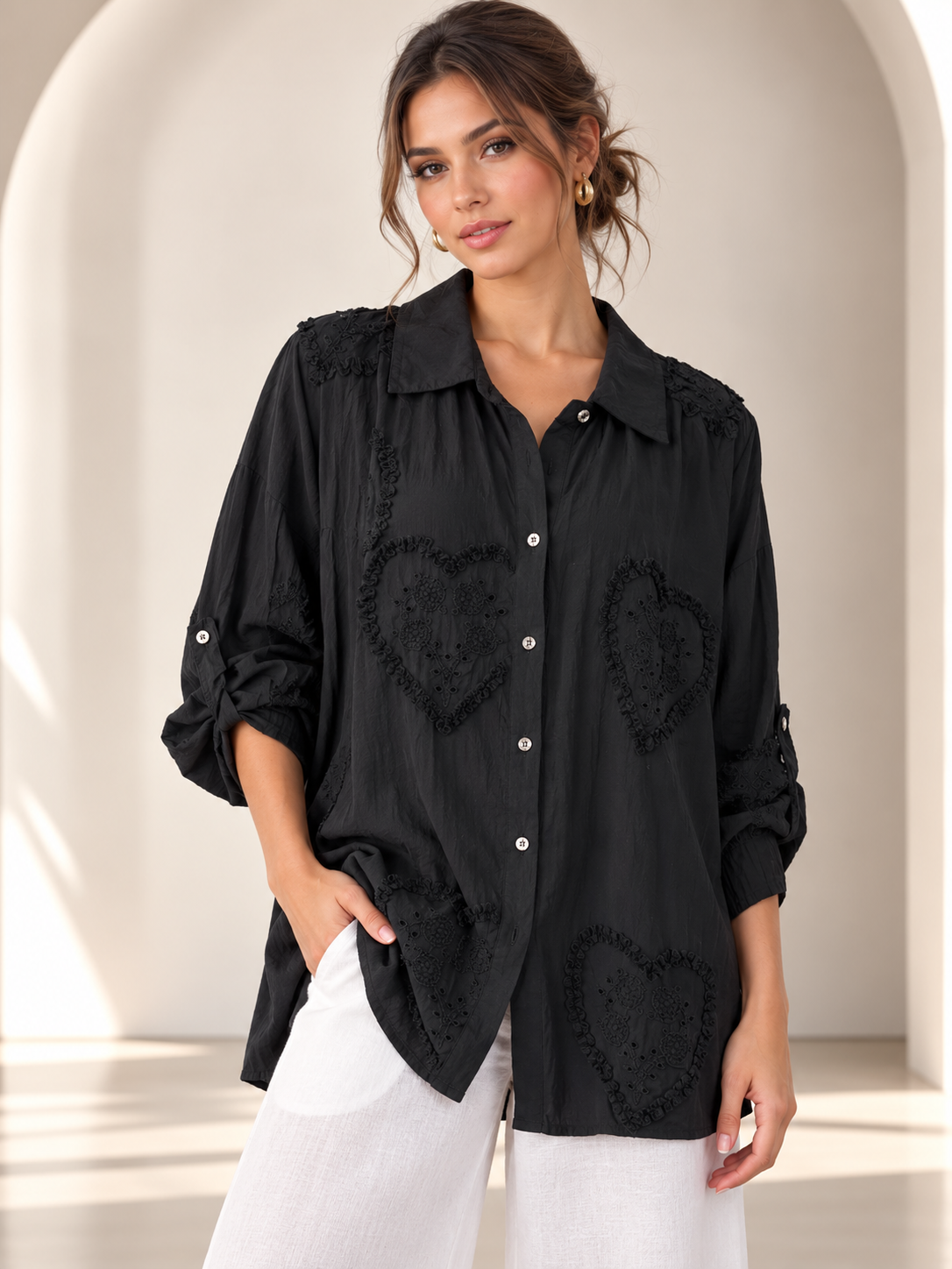 Aurelie Heart Embroidered Black Shirt