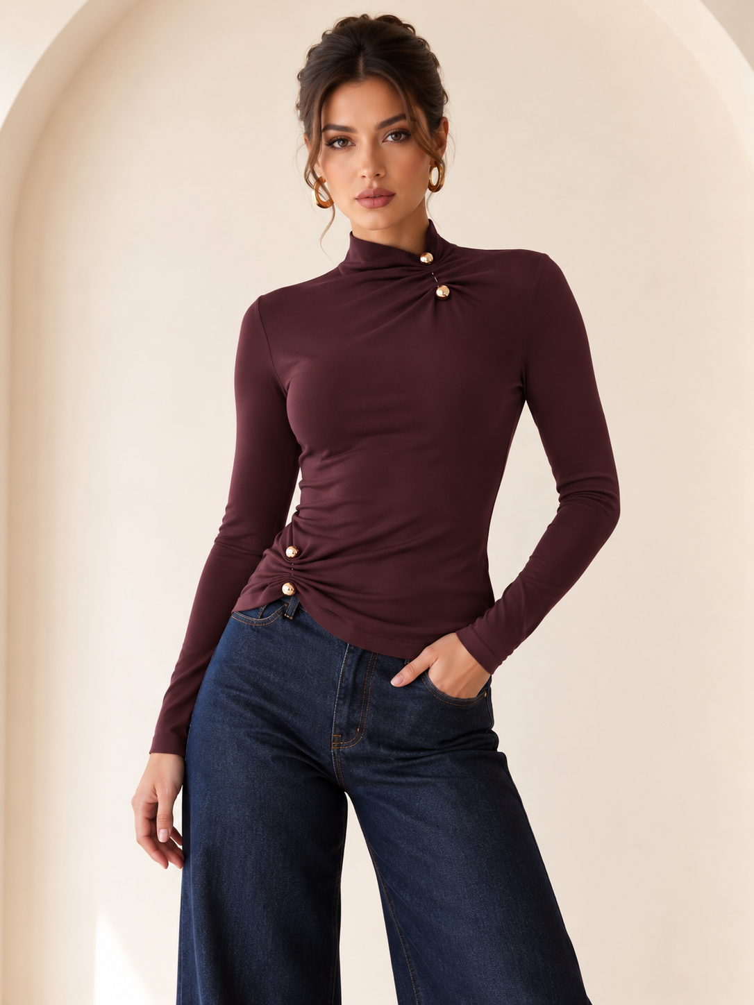 Solène Ruched Button Brown Top