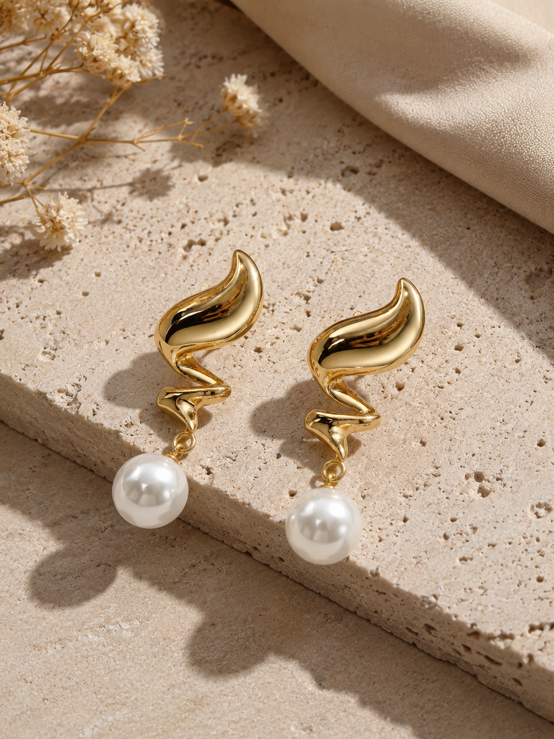 Gold Twisted Flame Pearl Drop Earrings