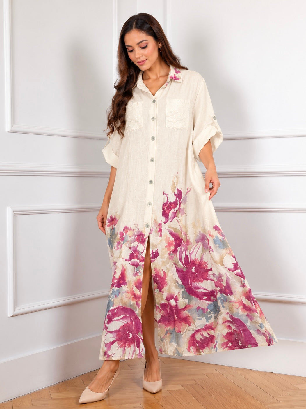 Gia Watercolor Bloom Italian Linen Maxi Dress
