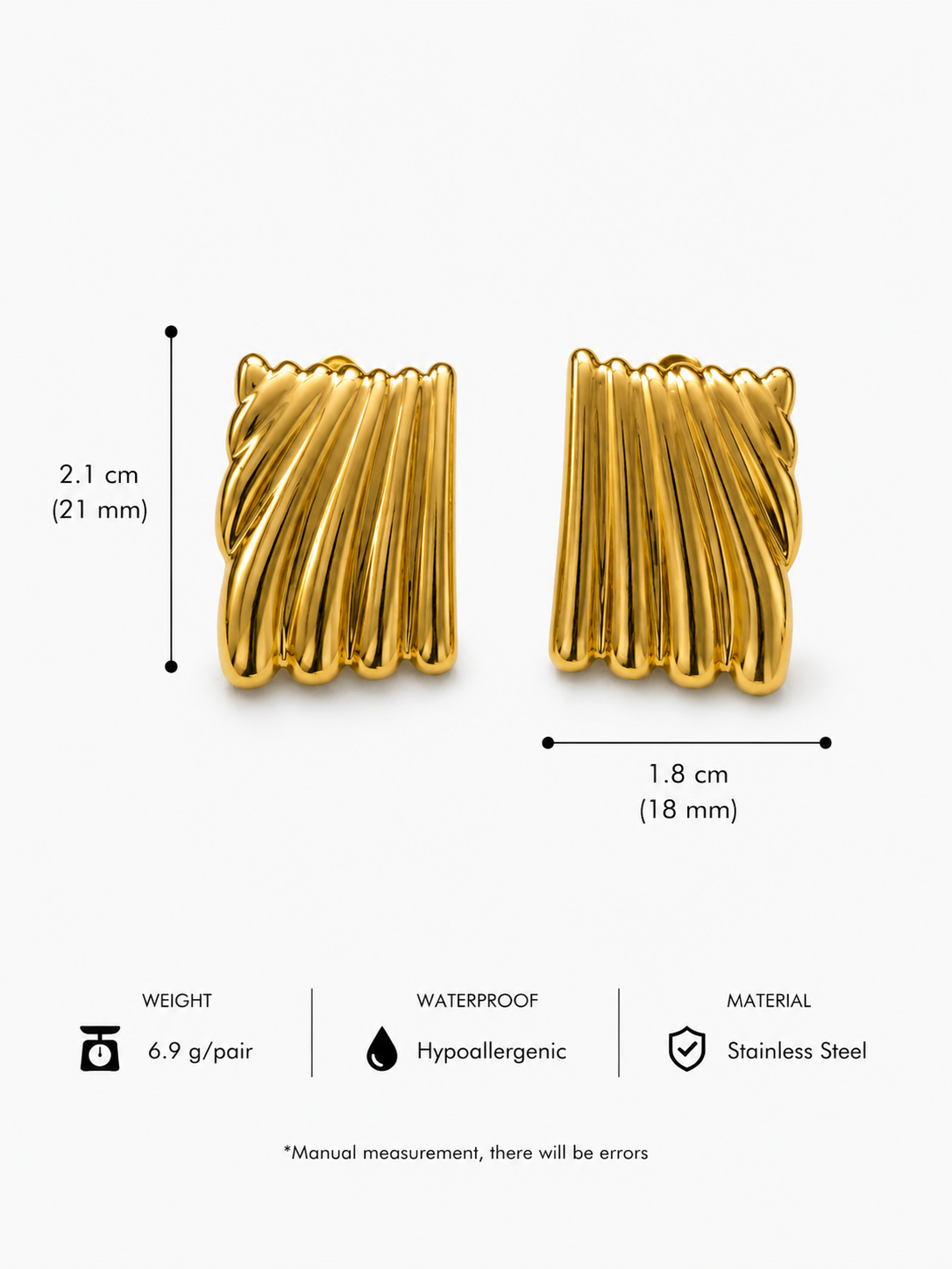 Golden Ribbed Rectangle Stud Earrings