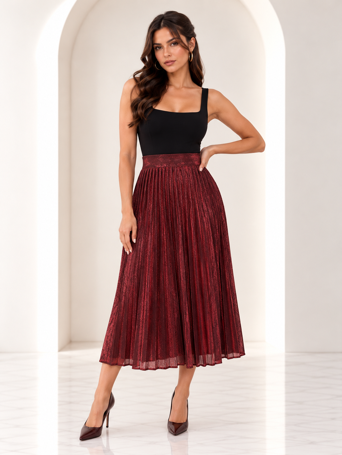 Hilda Pleated Burgundy Shimmer Skirt
