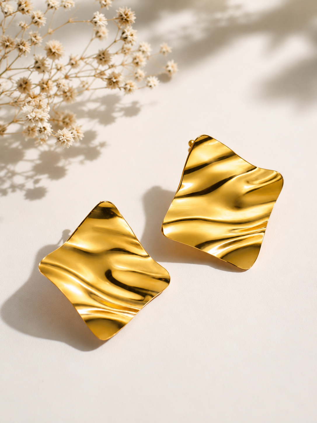 Gold Wavy Square Statement Stud Earrings