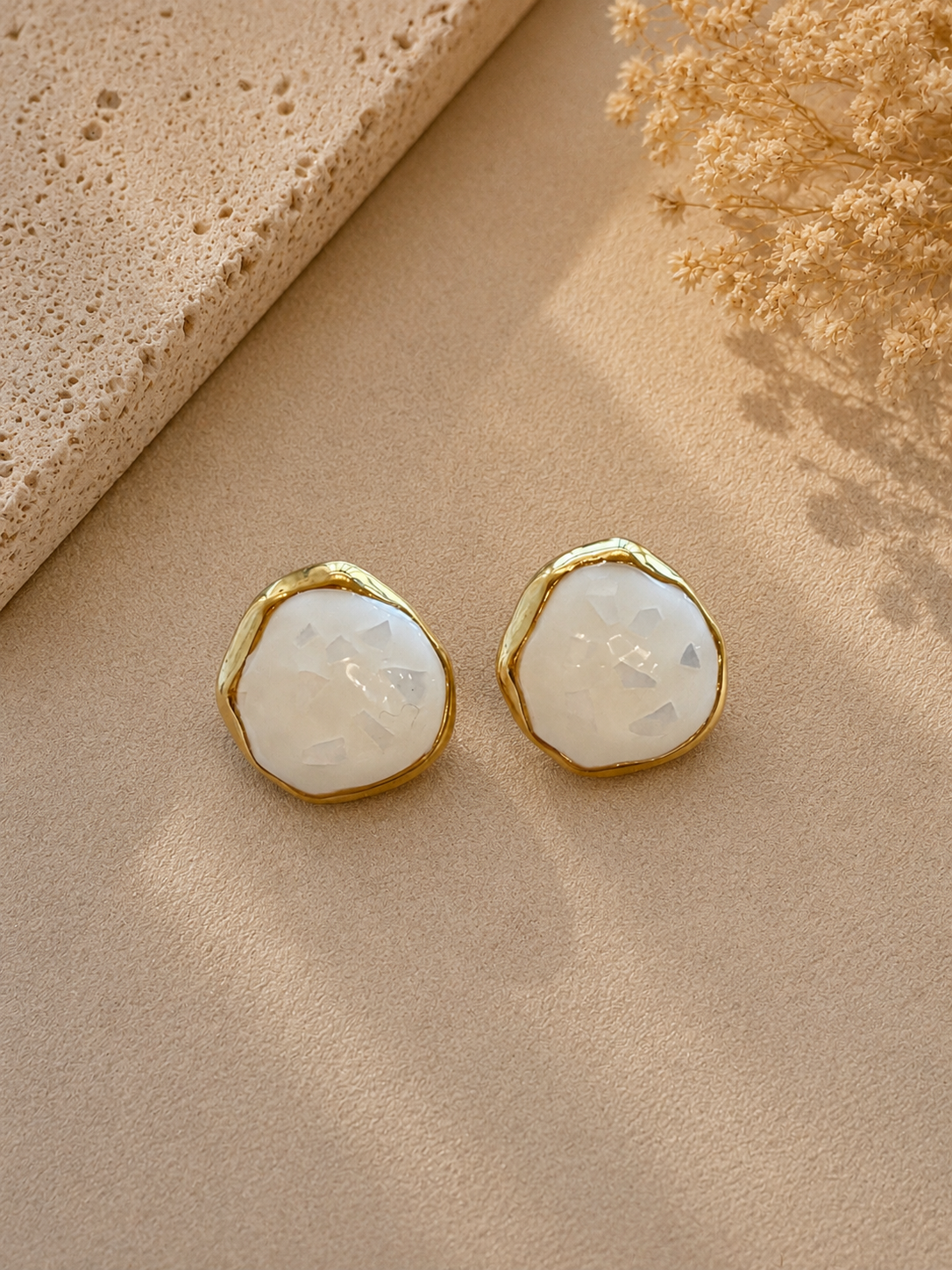 Irregular White Stone Gold Stud Earrings
