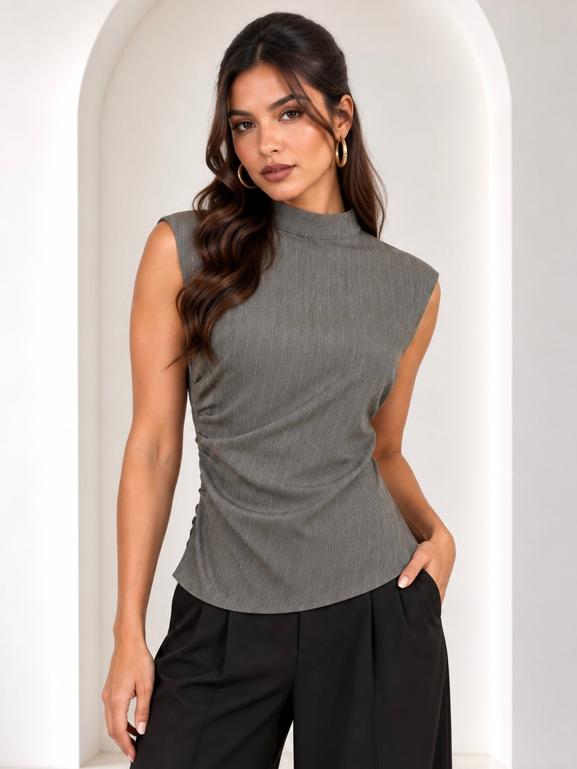 Ivanna Stripe Mock Neck Gray Top
