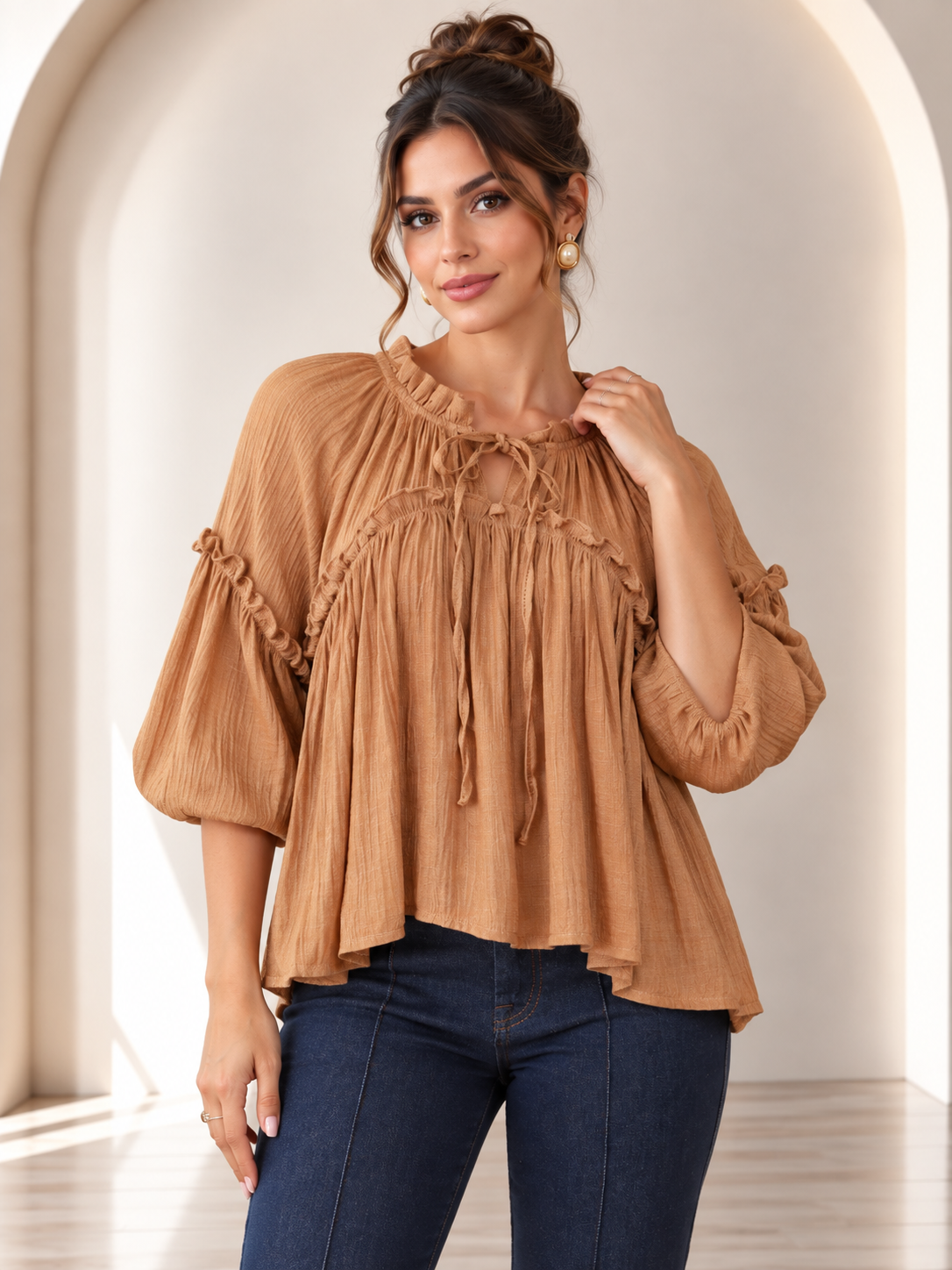 Amara Ruffle Tie Camel Blouse