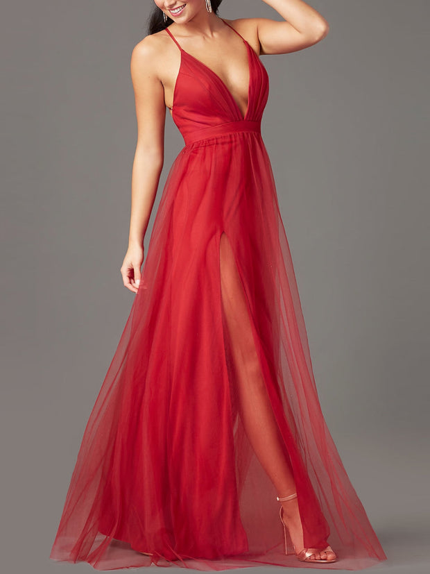 Lia Red Mesh Maxi Gown Dress