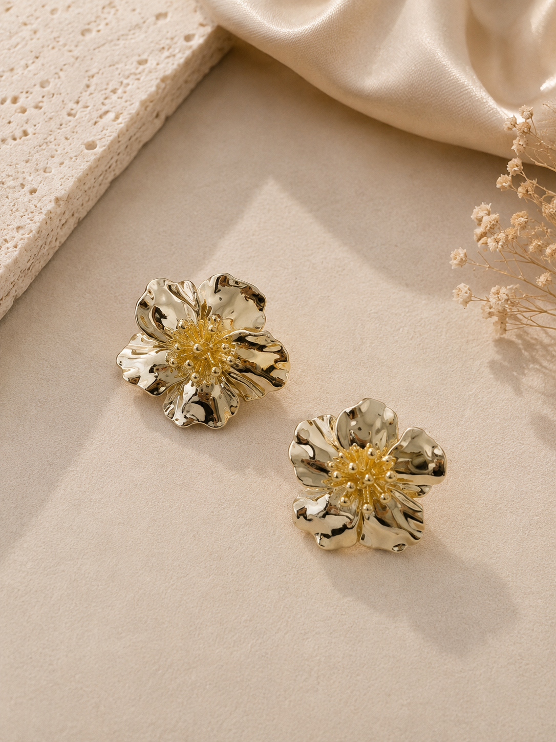 Golden Sculpted Blossom Statement Earrings