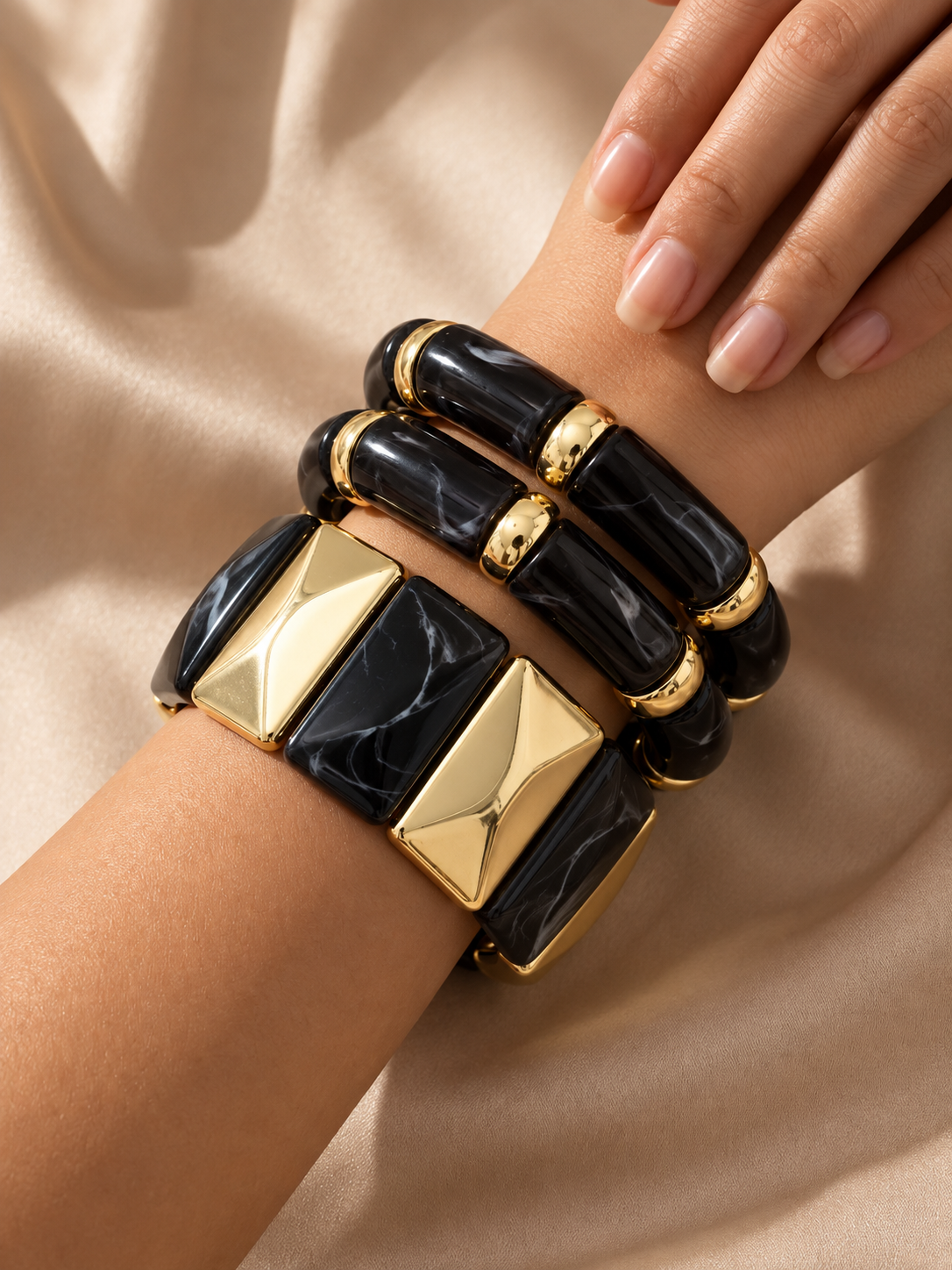 Chunky Marble Resin And Metallic Beads Elastic Bracelet Set