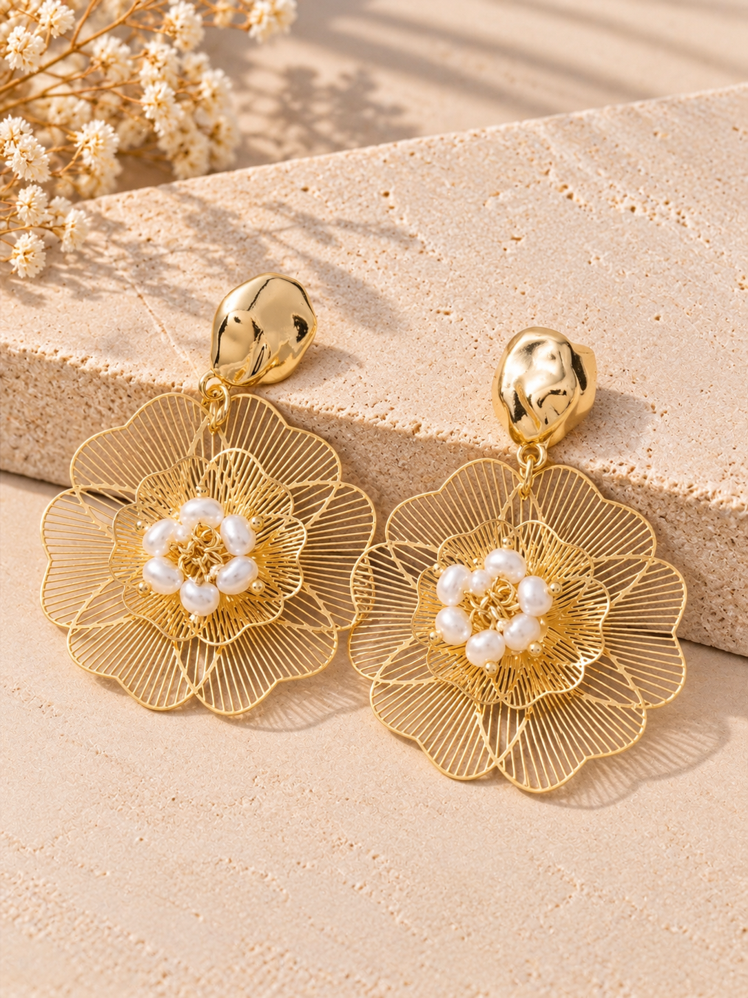 Gold Filigree Flower Pearl Center Drop Earrings