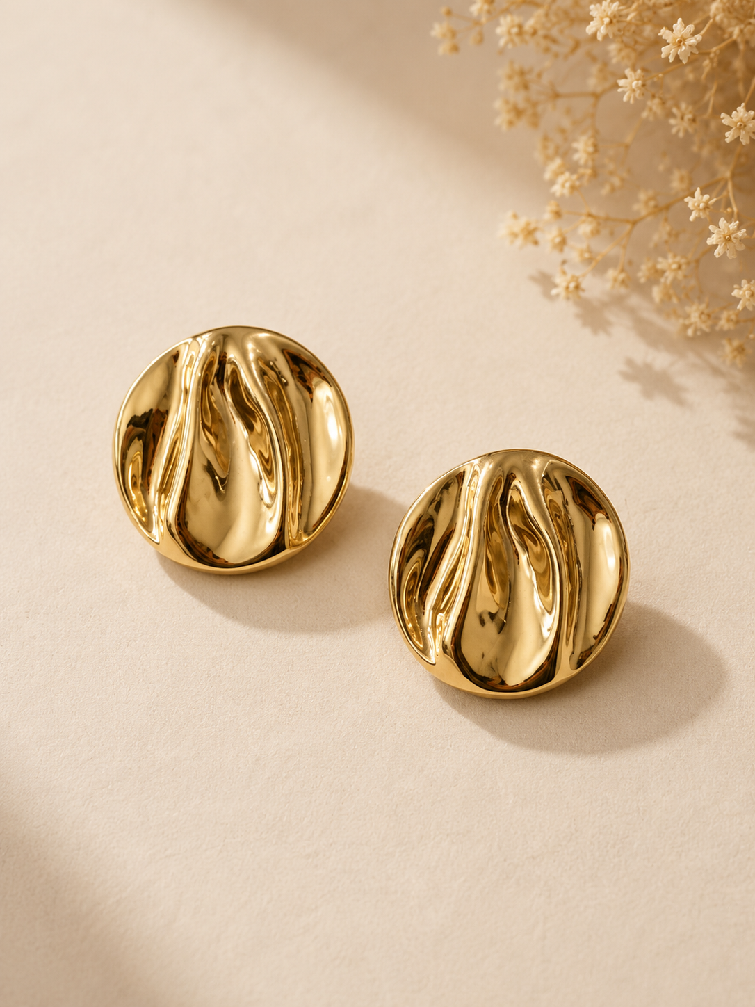 Golden Fluid Texture Round Statement Earrings