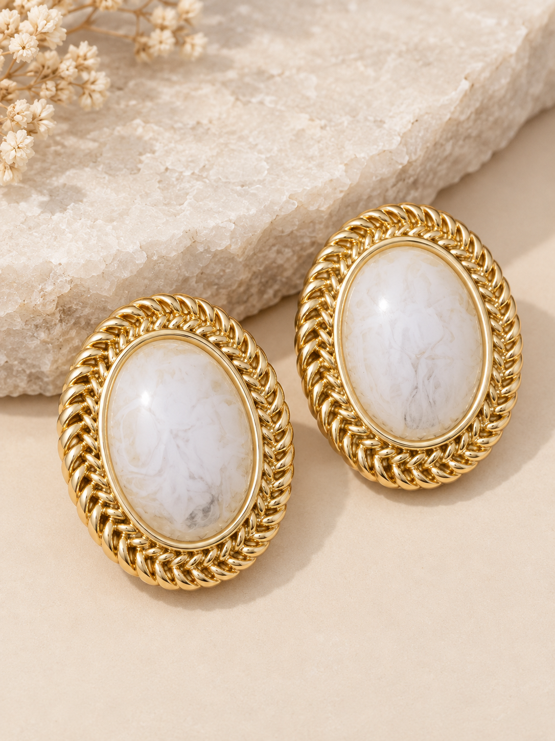 Gold Dipped Braided Frame Oval Stone Stud Earrings