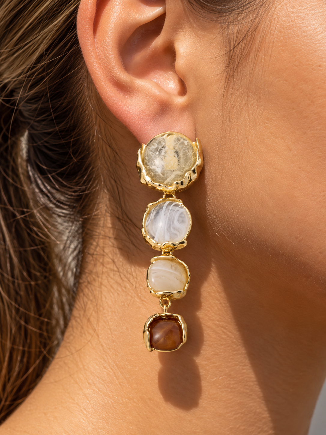 Resin Stone Four Tier Linear Drop Yellow Earrings