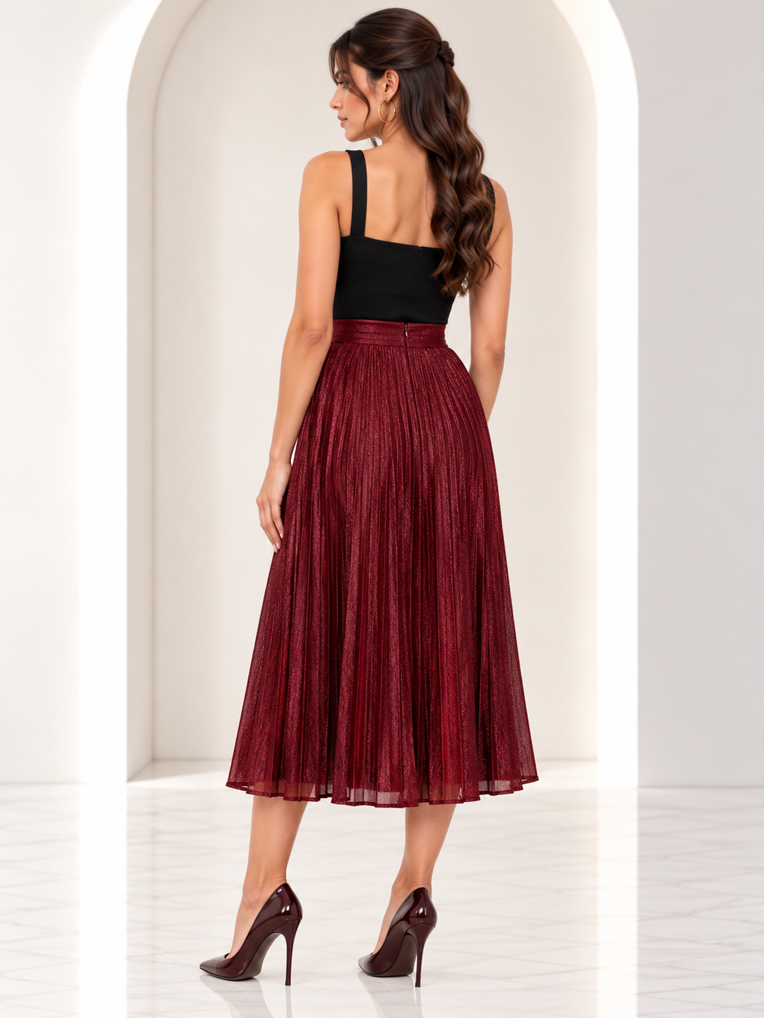 Hilda Pleated Burgundy Shimmer Skirt