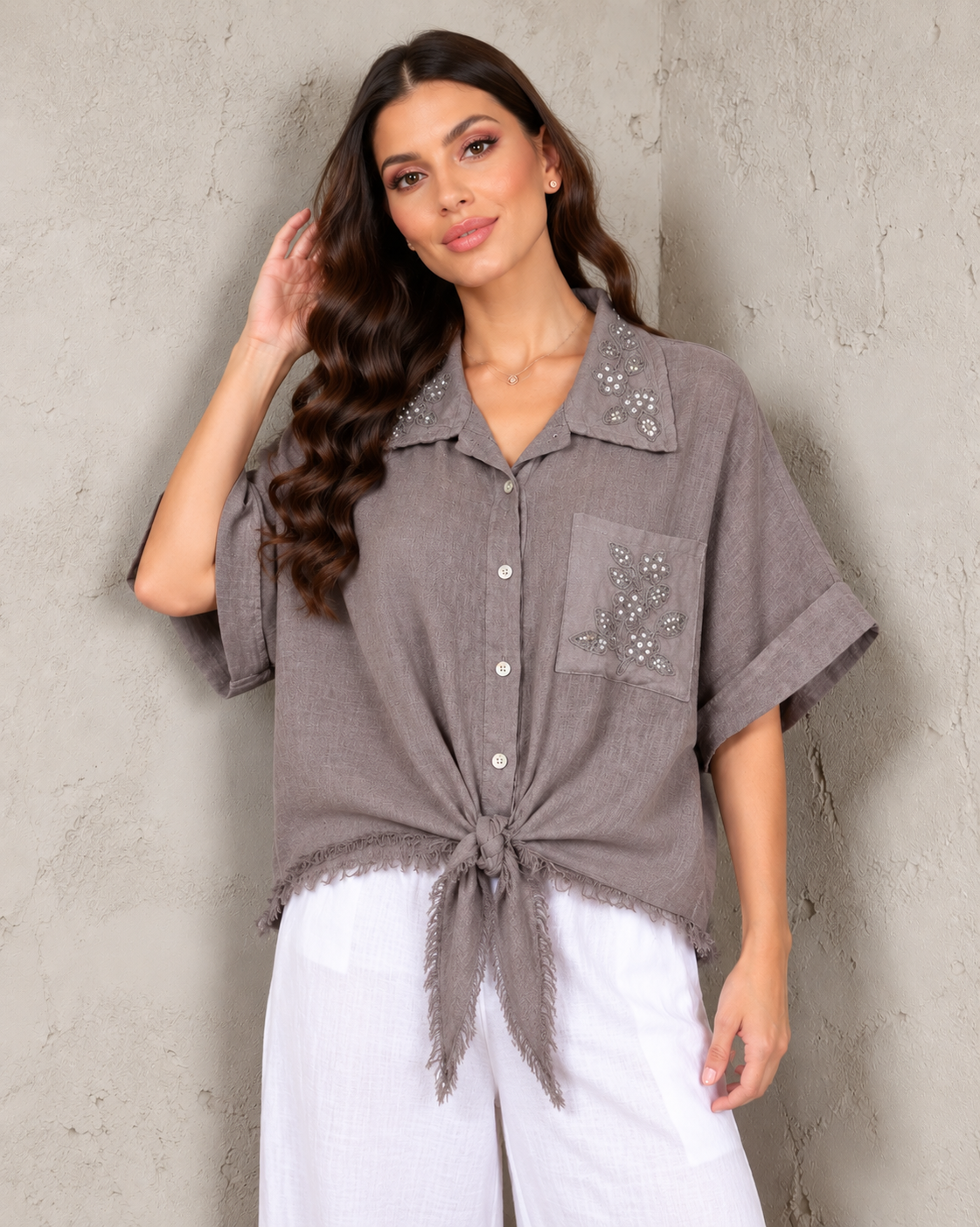 Francesca Embellished Italian Linen Top