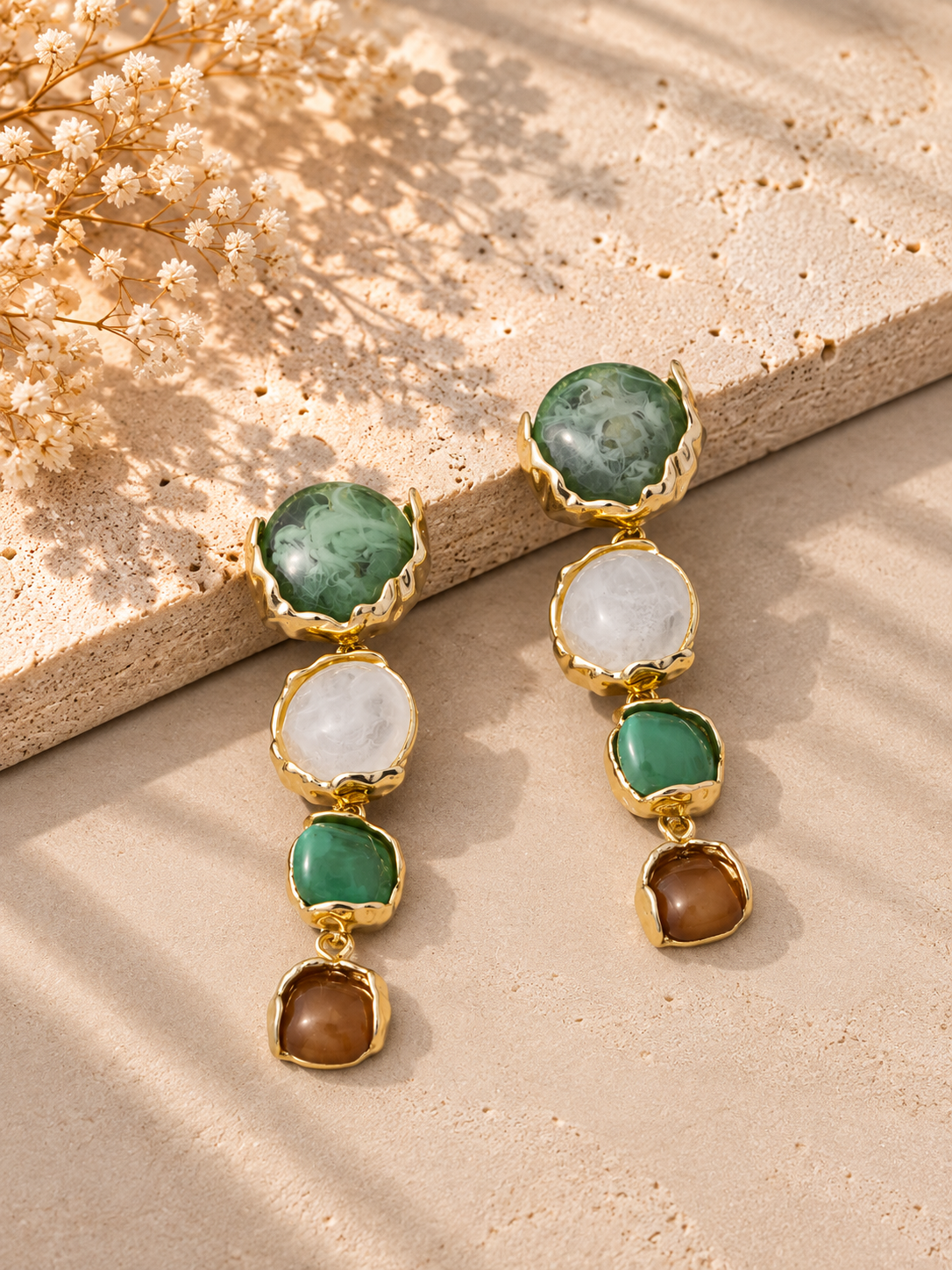 Resin Stone Four Tier Linear Drop Green Earrings