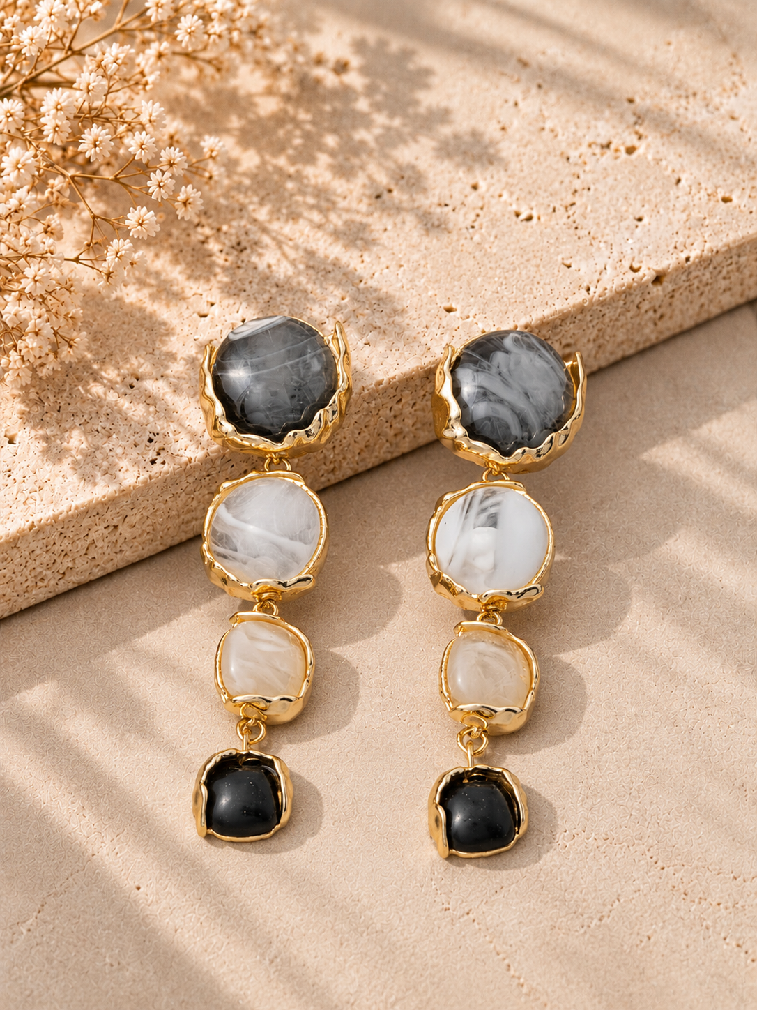 Resin Stone Four Tier Linear Drop Black Earrings