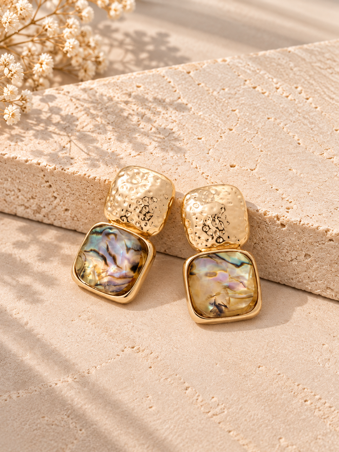 Two Tone Hammered Oversized Stone Drop Earrings