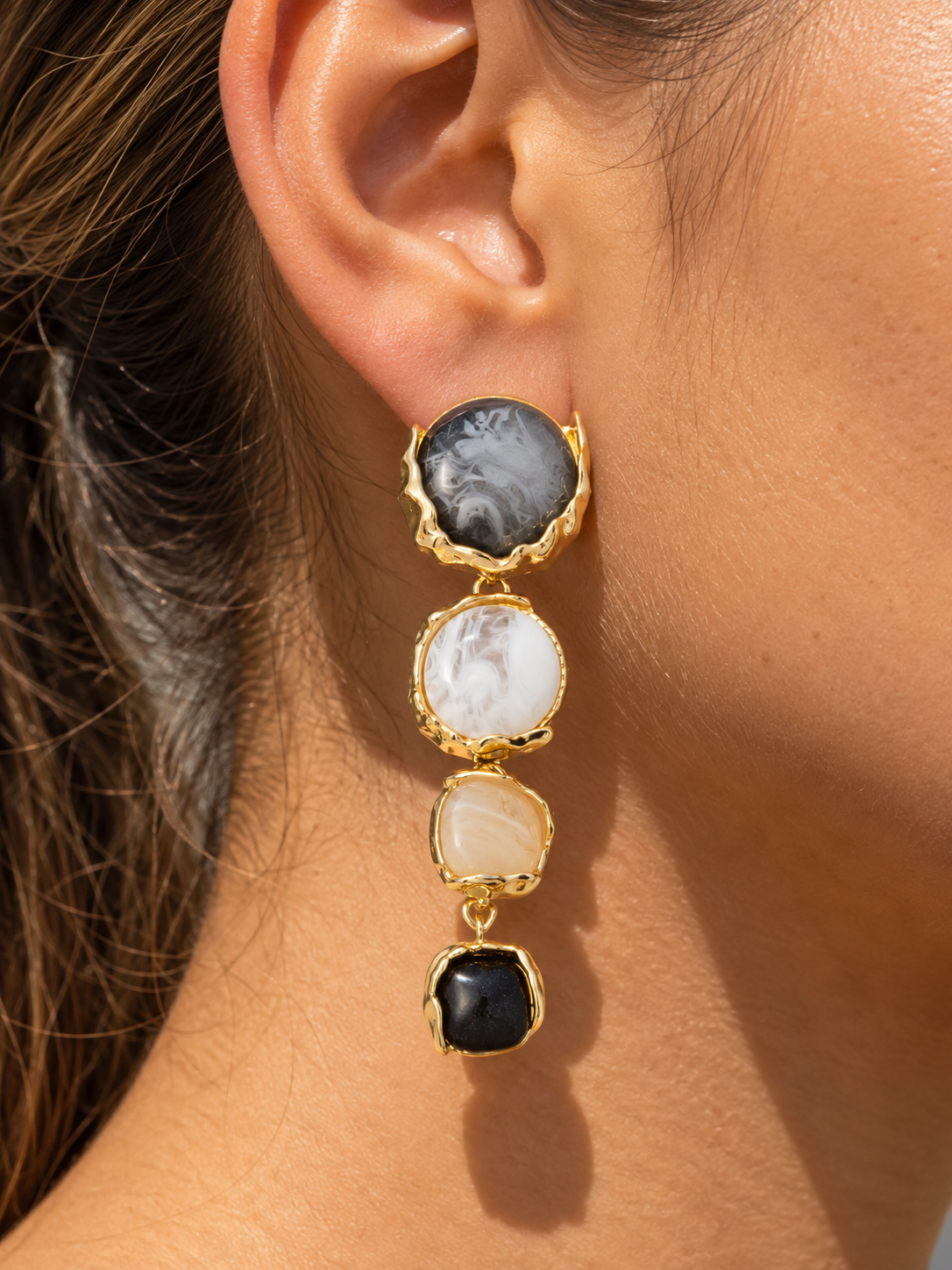 Resin Stone Four Tier Linear Drop Black Earrings