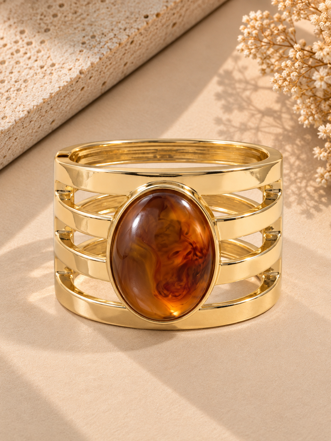 Amber Oval Cabochon Open Ladder Cuff Bracelet