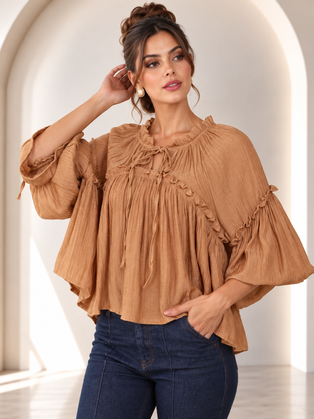 Amara Ruffle Tie Camel Blouse