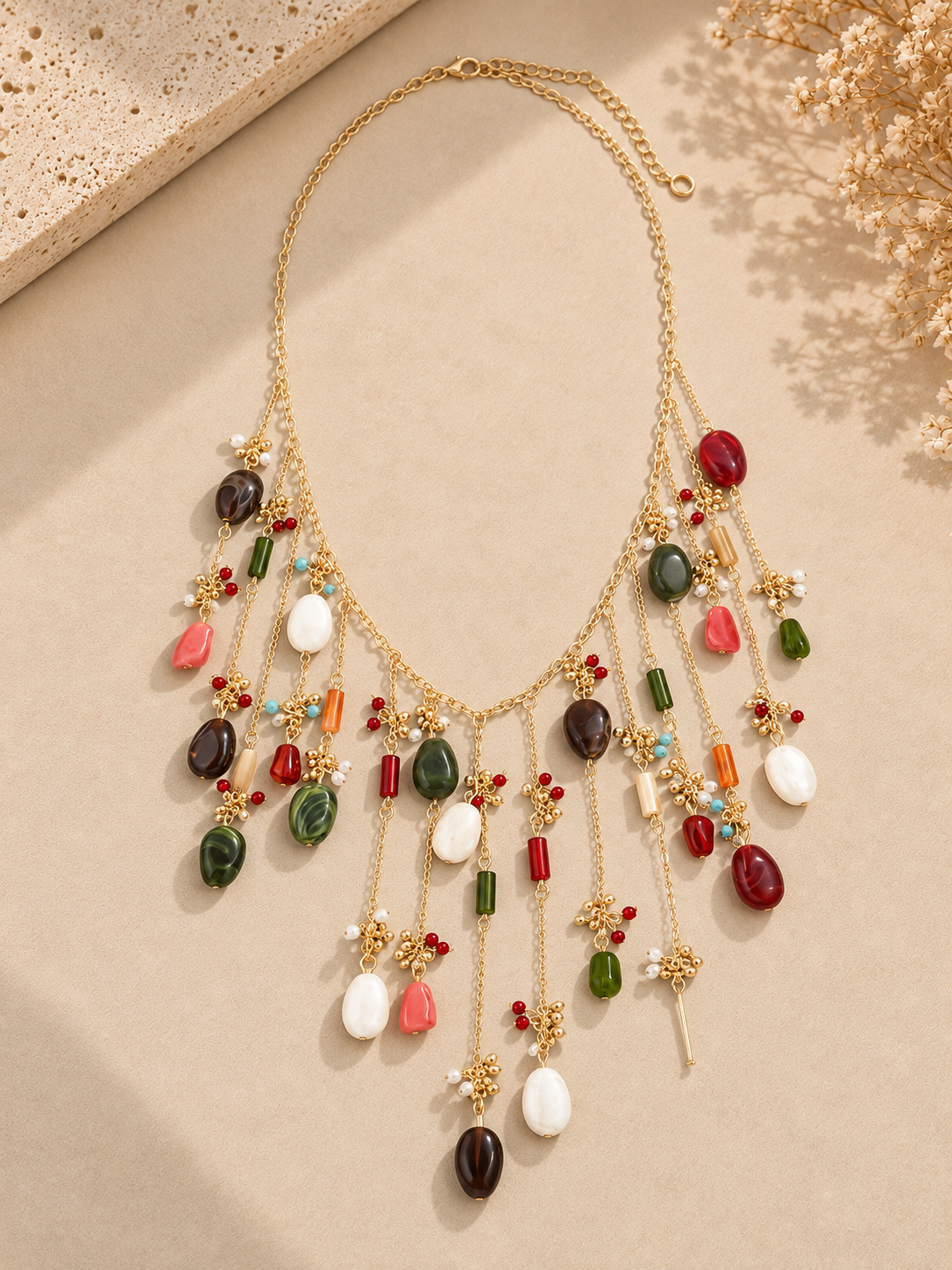 Chain Link Multi Stone Fringe Statement Necklace