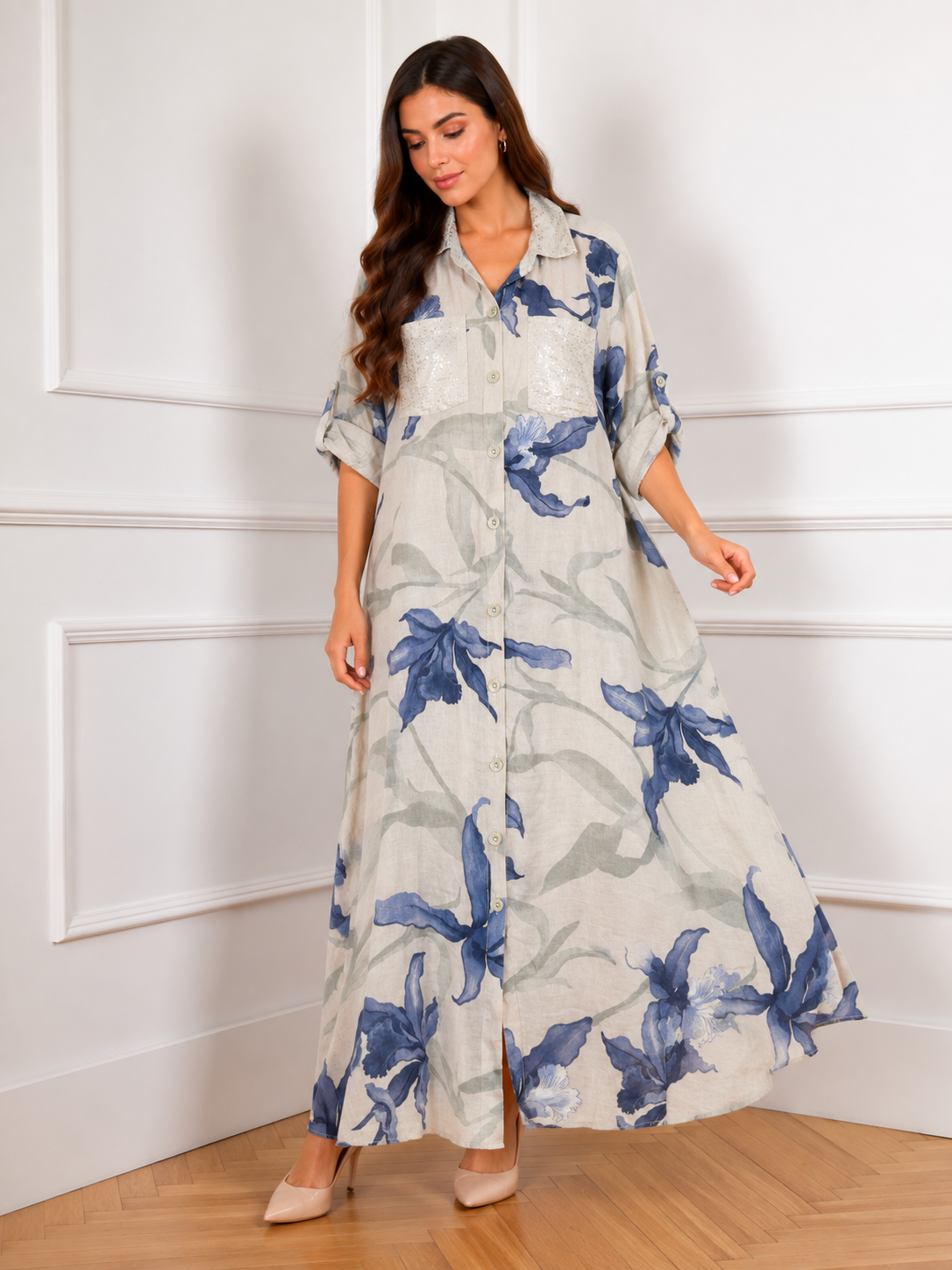 Bianca Blue Iris Italian Linen Maxi Dress