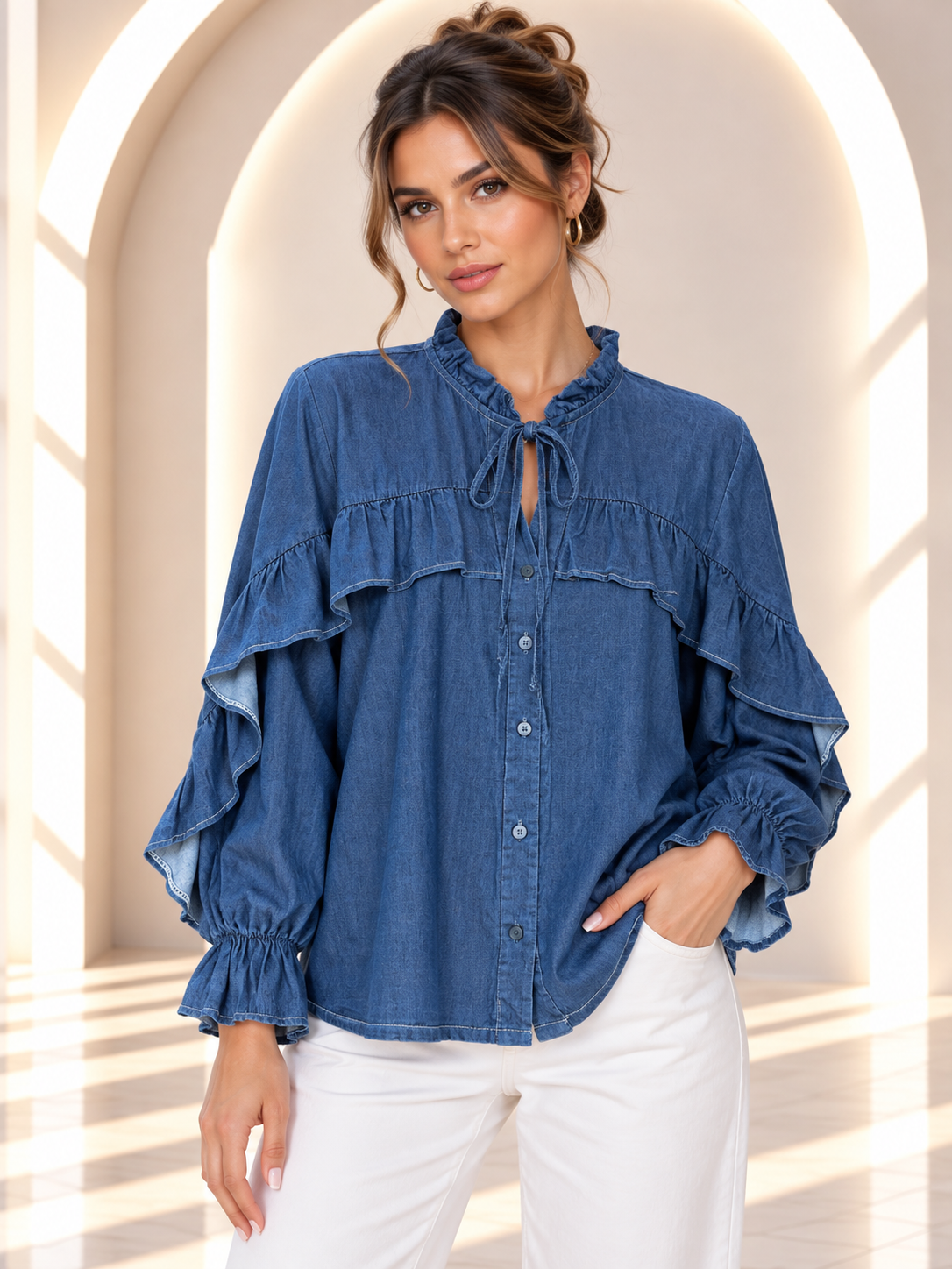 Ellen Ruffle Denim Blouse
