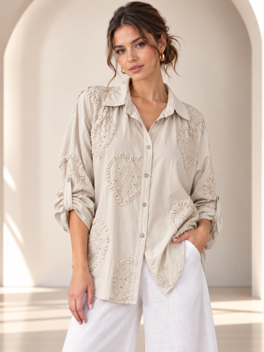 Aurelie Heart Embroidered Beige Shirt