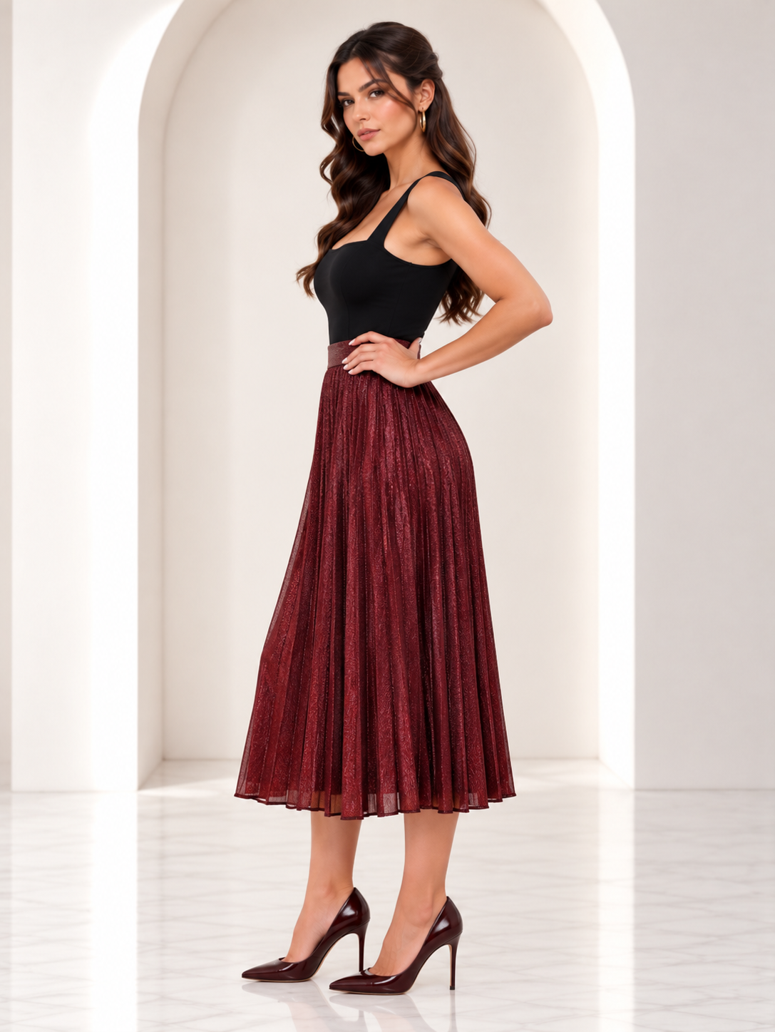 Hilda Pleated Burgundy Shimmer Skirt