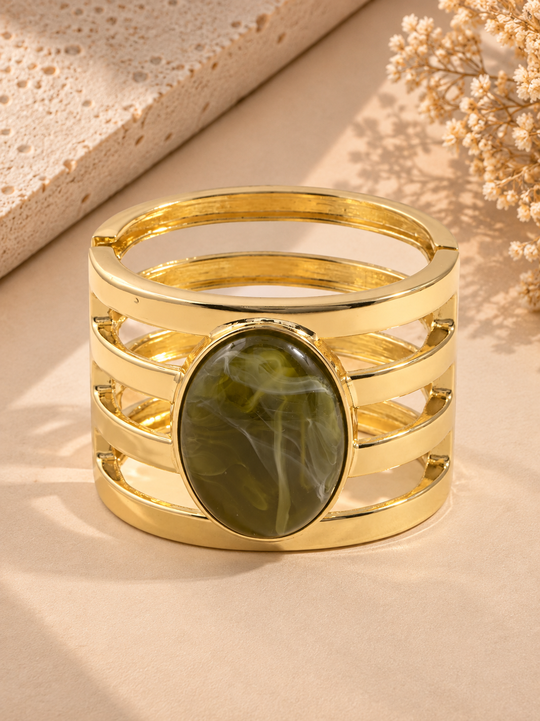 Olive Oval Cabochon Open Ladder Cuff Bracelet