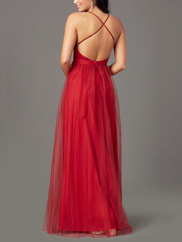 Lia Red Mesh Maxi Gown Dress
