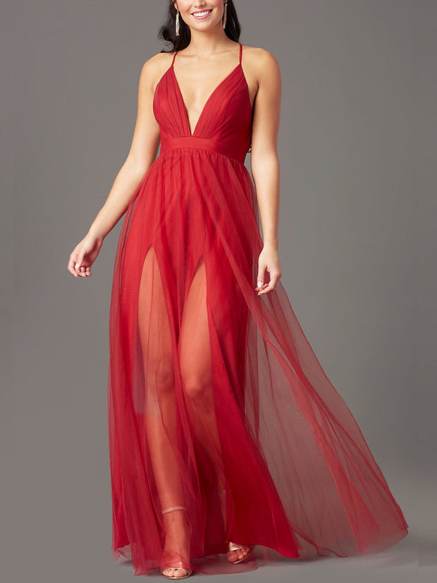 Lía Red Mesh Maxi Gown Dress