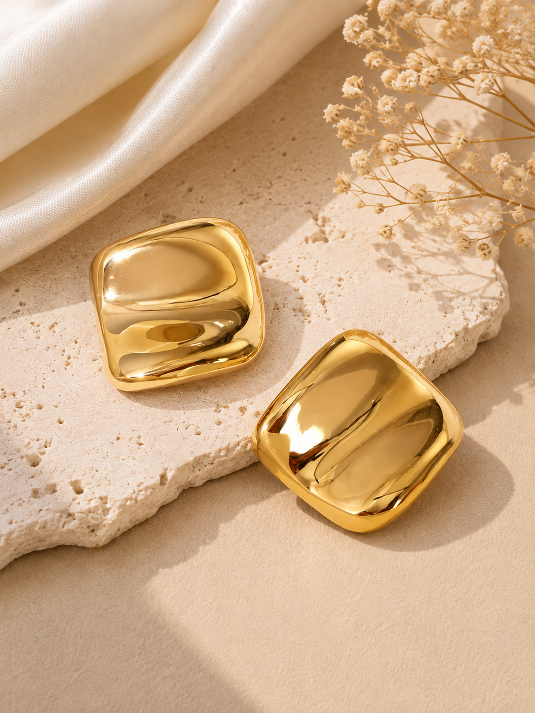 Rounded Square Gold Statement Earrings
