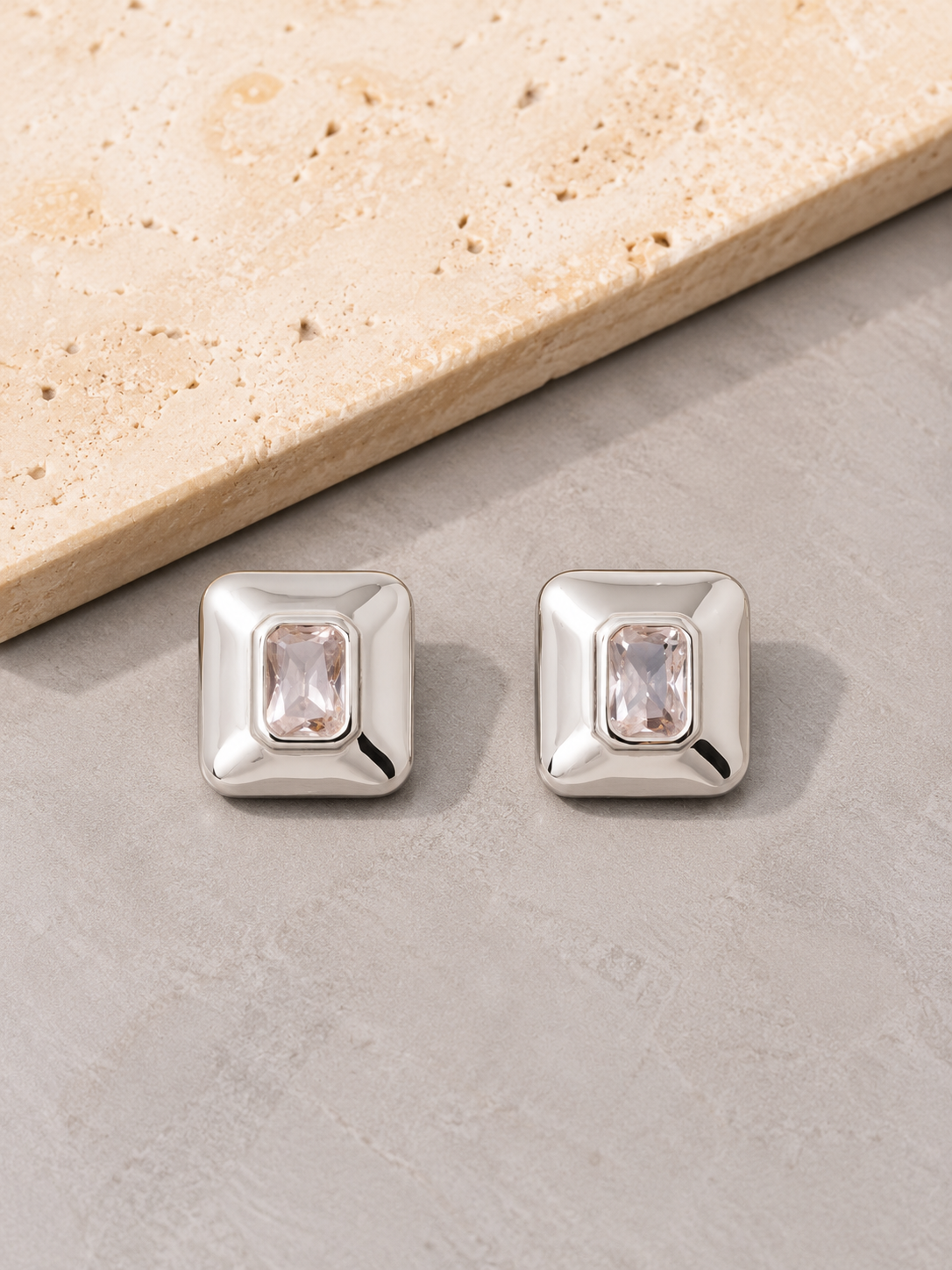 Gold Dipped Chunky Square Baguette Stud Silver Earrings